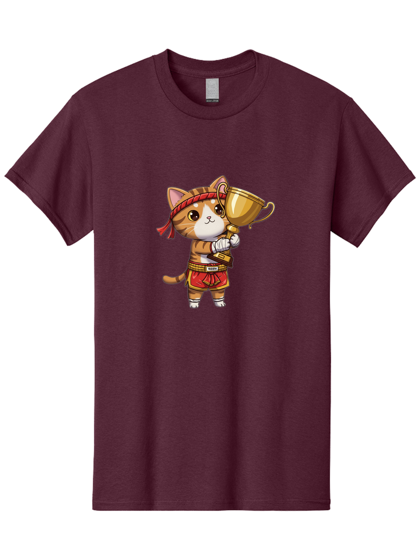 Gudetama-Cat Men'S Graphic Tee, 100% Cotton, Comfortable Casual Summer Wear, Machine Washable, Cartoon Cat, Muay Thai Fighter, Golden Trophy, Martial Arts, Winner, Champion, Adorable Cat, Red Shorts, Headband, Victorious, Celebratory Bae464