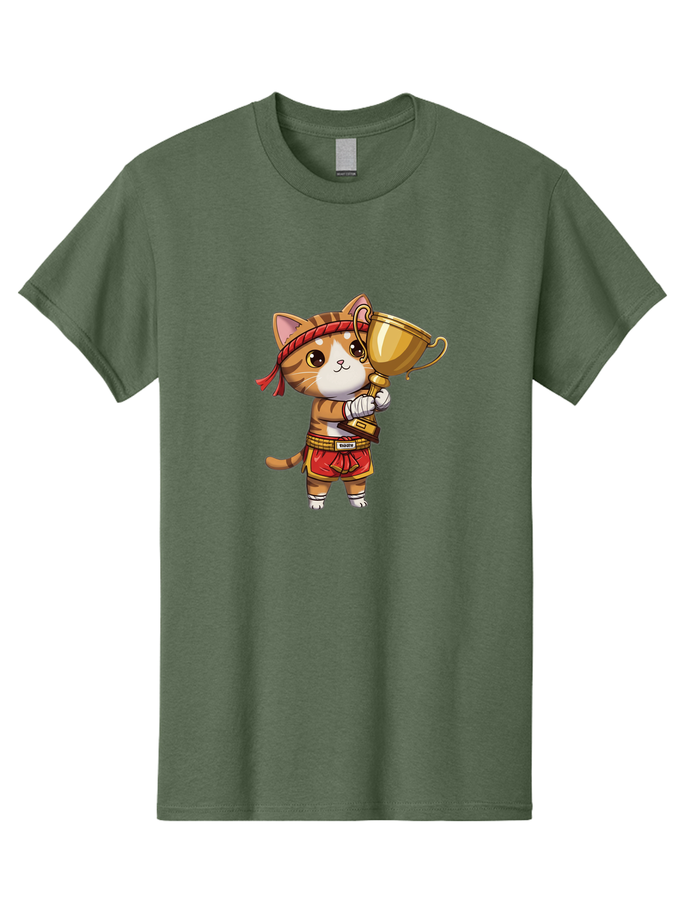 Gudetama-Cat Men'S Graphic Tee, 100% Cotton, Comfortable Casual Summer Wear, Machine Washable, Cartoon Cat, Muay Thai Fighter, Golden Trophy, Martial Arts, Winner, Champion, Adorable Cat, Red Shorts, Headband, Victorious, Celebratory Bae464