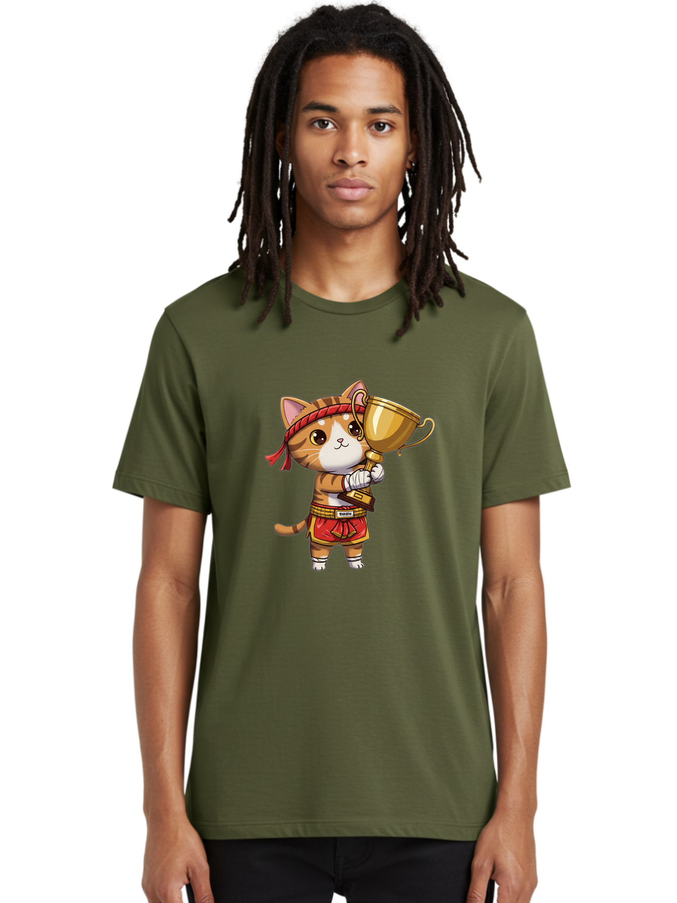 Gudetama-Cat Men'S Graphic Tee, 100% Cotton, Comfortable Casual Summer Wear, Machine Washable, Cartoon Cat, Muay Thai Fighter, Golden Trophy, Martial Arts, Winner, Champion, Adorable Cat, Red Shorts, Headband, Victorious, Celebratory Bae464