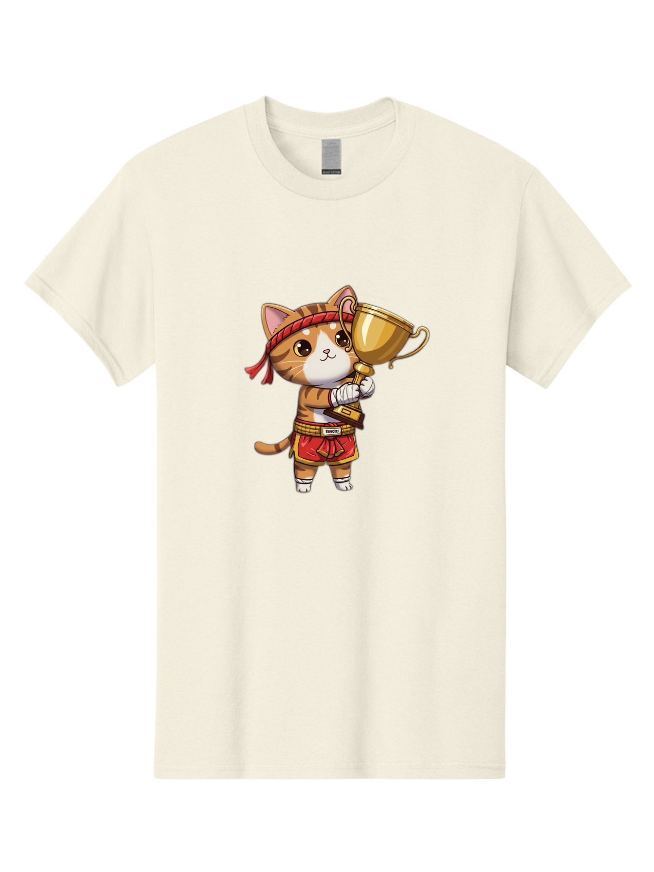 Gudetama-Cat Men'S Graphic Tee, 100% Cotton, Comfortable Casual Summer Wear, Machine Washable, Cartoon Cat, Muay Thai Fighter, Golden Trophy, Martial Arts, Winner, Champion, Adorable Cat, Red Shorts, Headband, Victorious, Celebratory Bae464