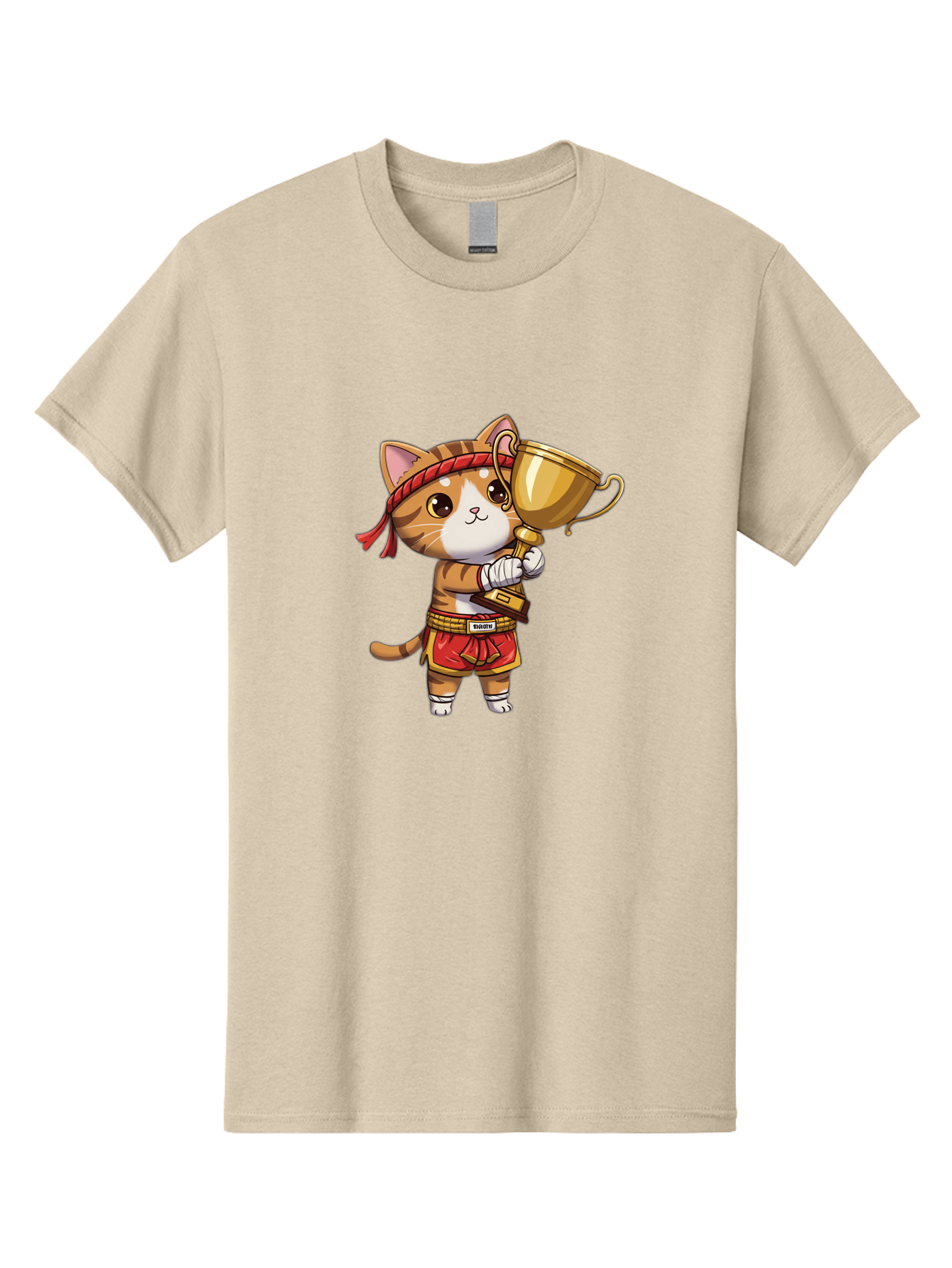 Gudetama-Cat Men'S Graphic Tee, 100% Cotton, Comfortable Casual Summer Wear, Machine Washable, Cartoon Cat, Muay Thai Fighter, Golden Trophy, Martial Arts, Winner, Champion, Adorable Cat, Red Shorts, Headband, Victorious, Celebratory Bae464