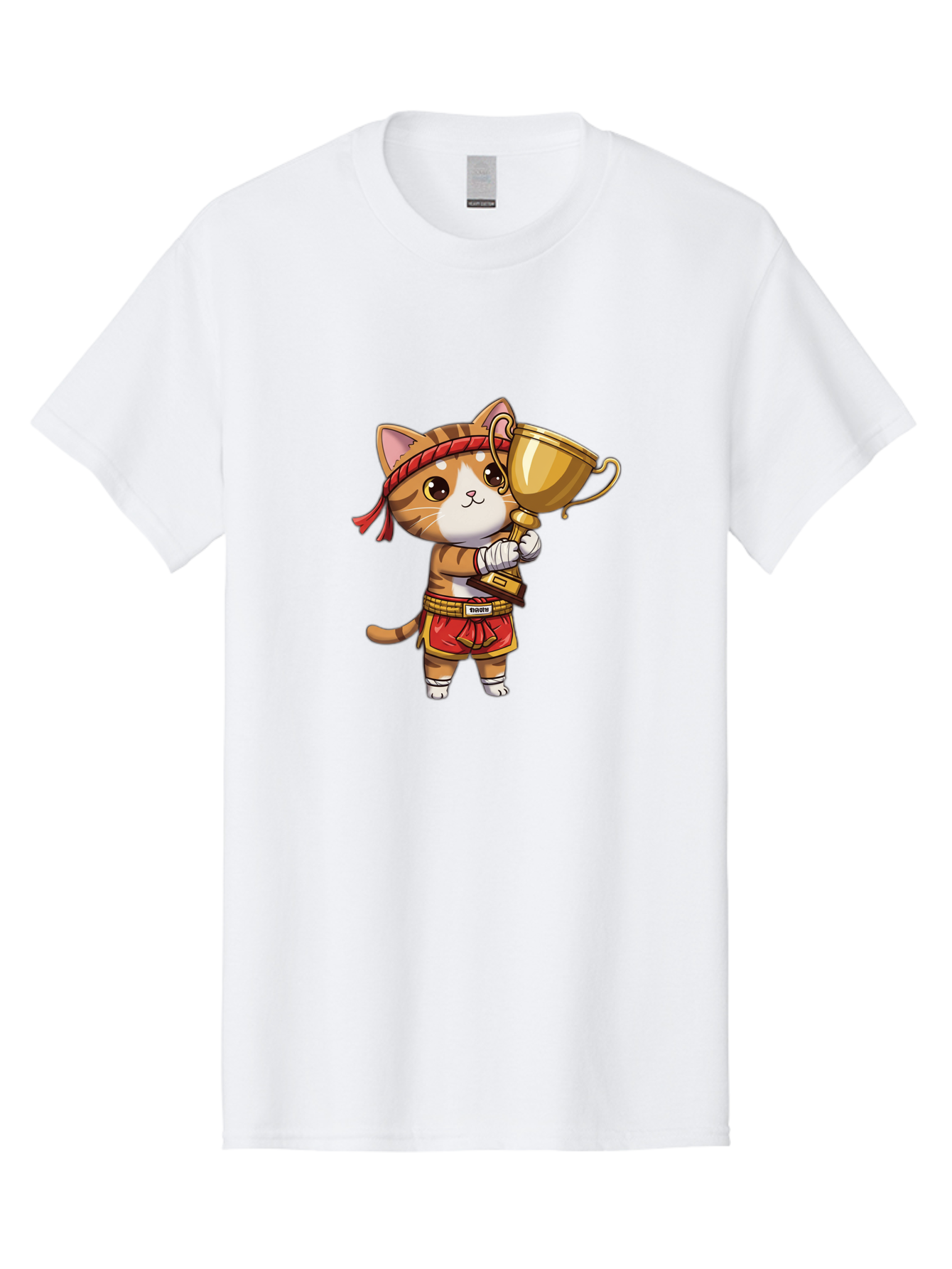 Gudetama-Cat Men'S Graphic Tee, 100% Cotton, Comfortable Casual Summer Wear, Machine Washable, Cartoon Cat, Muay Thai Fighter, Golden Trophy, Martial Arts, Winner, Champion, Adorable Cat, Red Shorts, Headband, Victorious, Celebratory Bae464