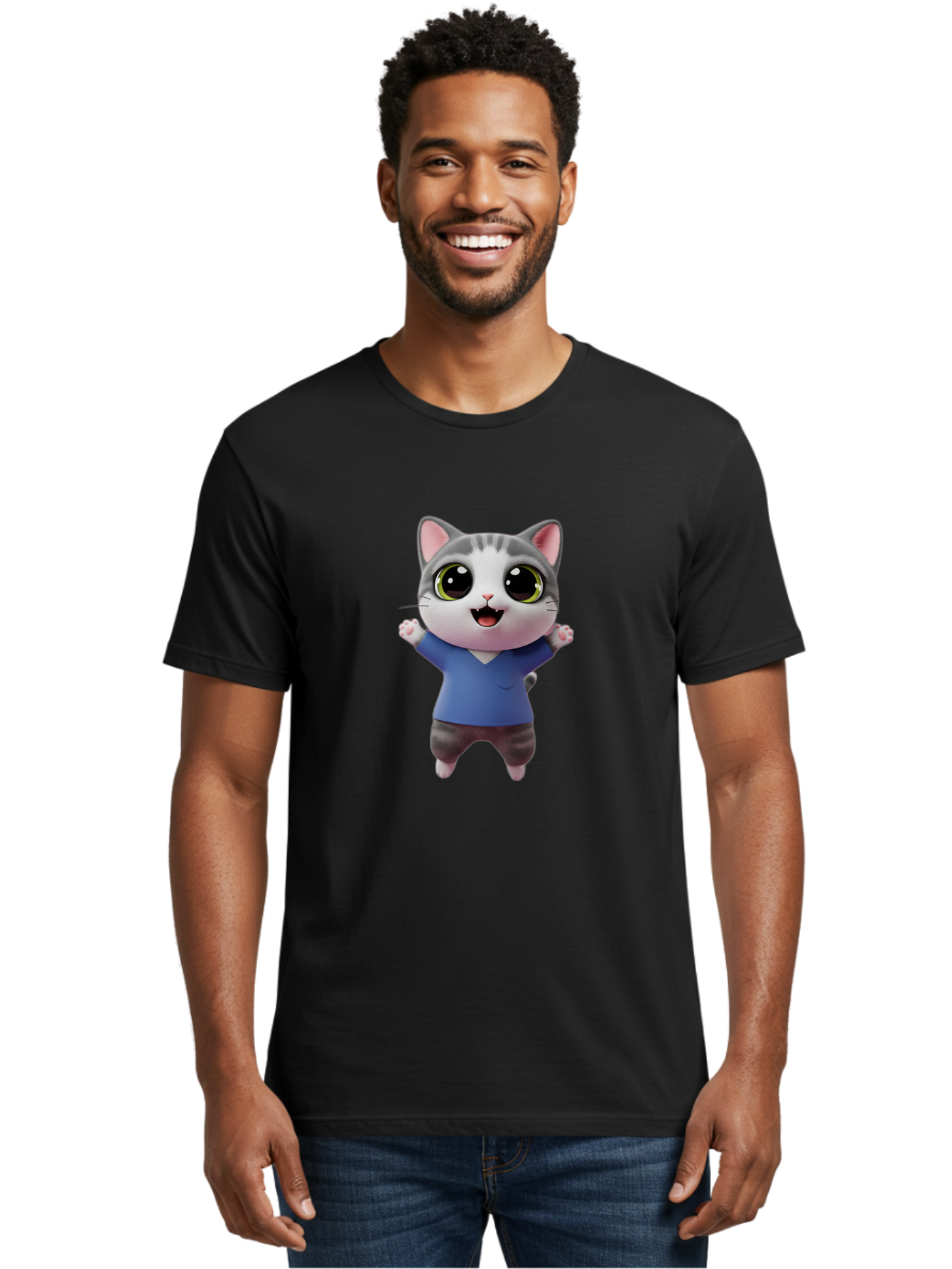 Happy-Cat Men'S Graphic Tee, 100% Cotton, Comfortable Casual Summer Wear, Machine Washable, Cartoon Cat, Gray And White Fur, Blue Shirt, Black Pants, Big Eyes, Cute Expression, Happy Face, Animated Character, 3D Illustration, Joyful Pose, Bae465