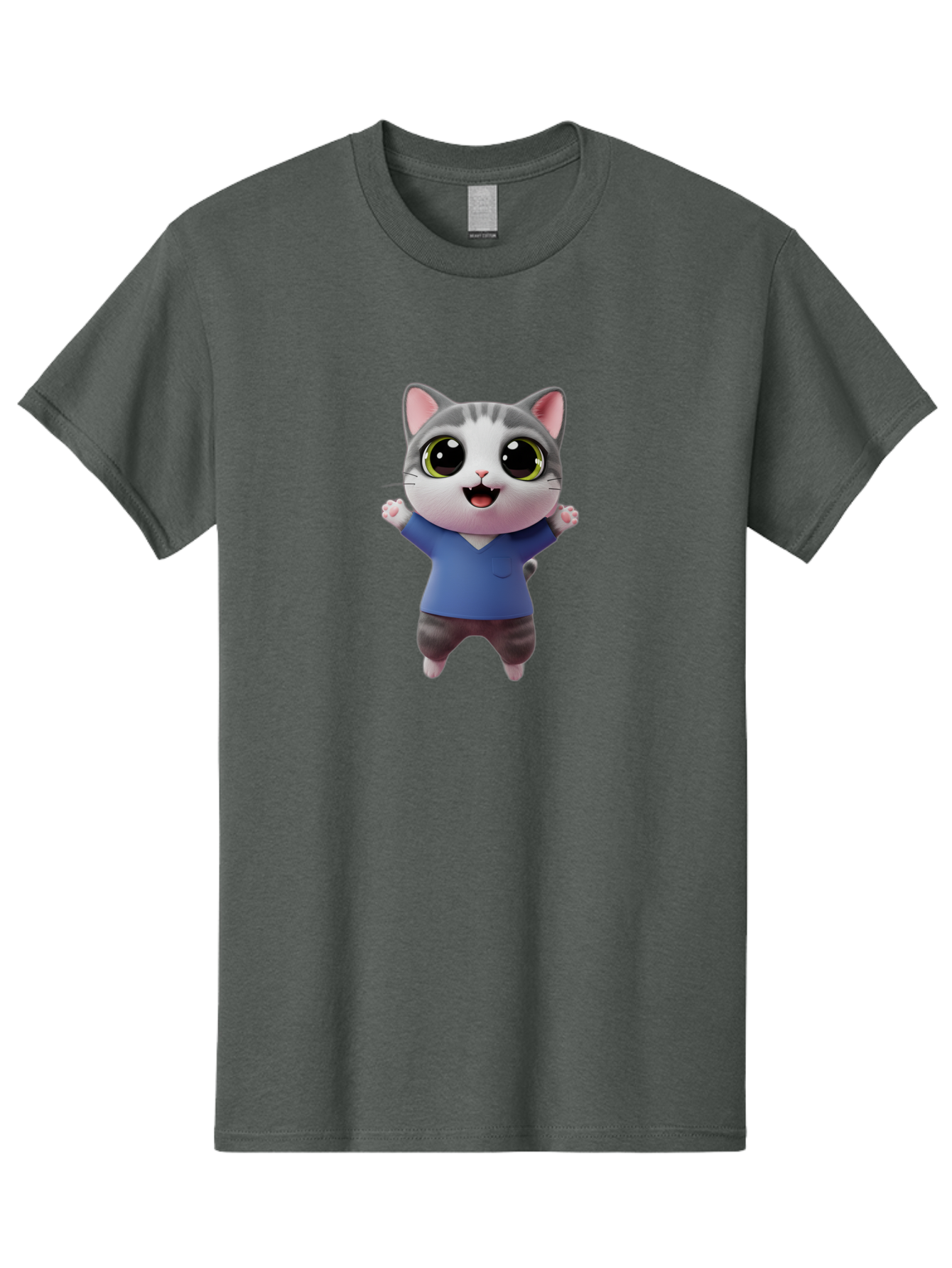 Happy-Cat Men'S Graphic Tee, 100% Cotton, Comfortable Casual Summer Wear, Machine Washable, Cartoon Cat, Gray And White Fur, Blue Shirt, Black Pants, Big Eyes, Cute Expression, Happy Face, Animated Character, 3D Illustration, Joyful Pose, Bae465