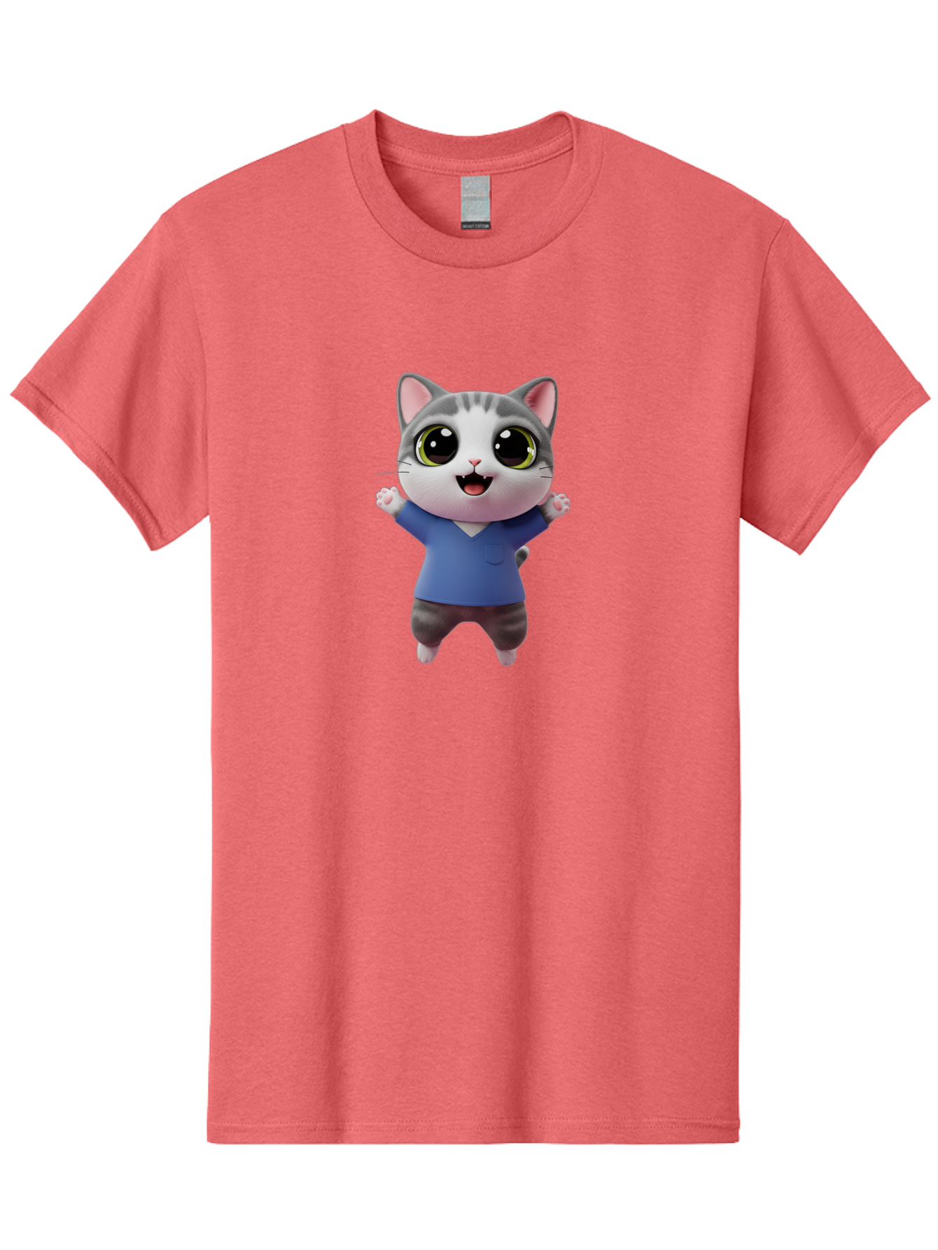 Happy-Cat Men'S Graphic Tee, 100% Cotton, Comfortable Casual Summer Wear, Machine Washable, Cartoon Cat, Gray And White Fur, Blue Shirt, Black Pants, Big Eyes, Cute Expression, Happy Face, Animated Character, 3D Illustration, Joyful Pose, Bae465