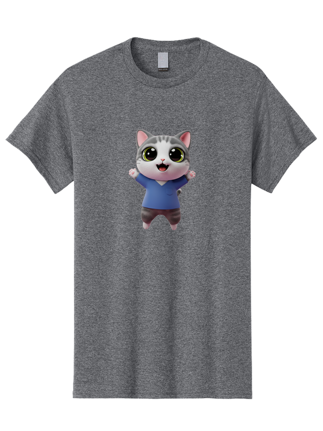 Happy-Cat Men'S Graphic Tee, 100% Cotton, Comfortable Casual Summer Wear, Machine Washable, Cartoon Cat, Gray And White Fur, Blue Shirt, Black Pants, Big Eyes, Cute Expression, Happy Face, Animated Character, 3D Illustration, Joyful Pose, Bae465
