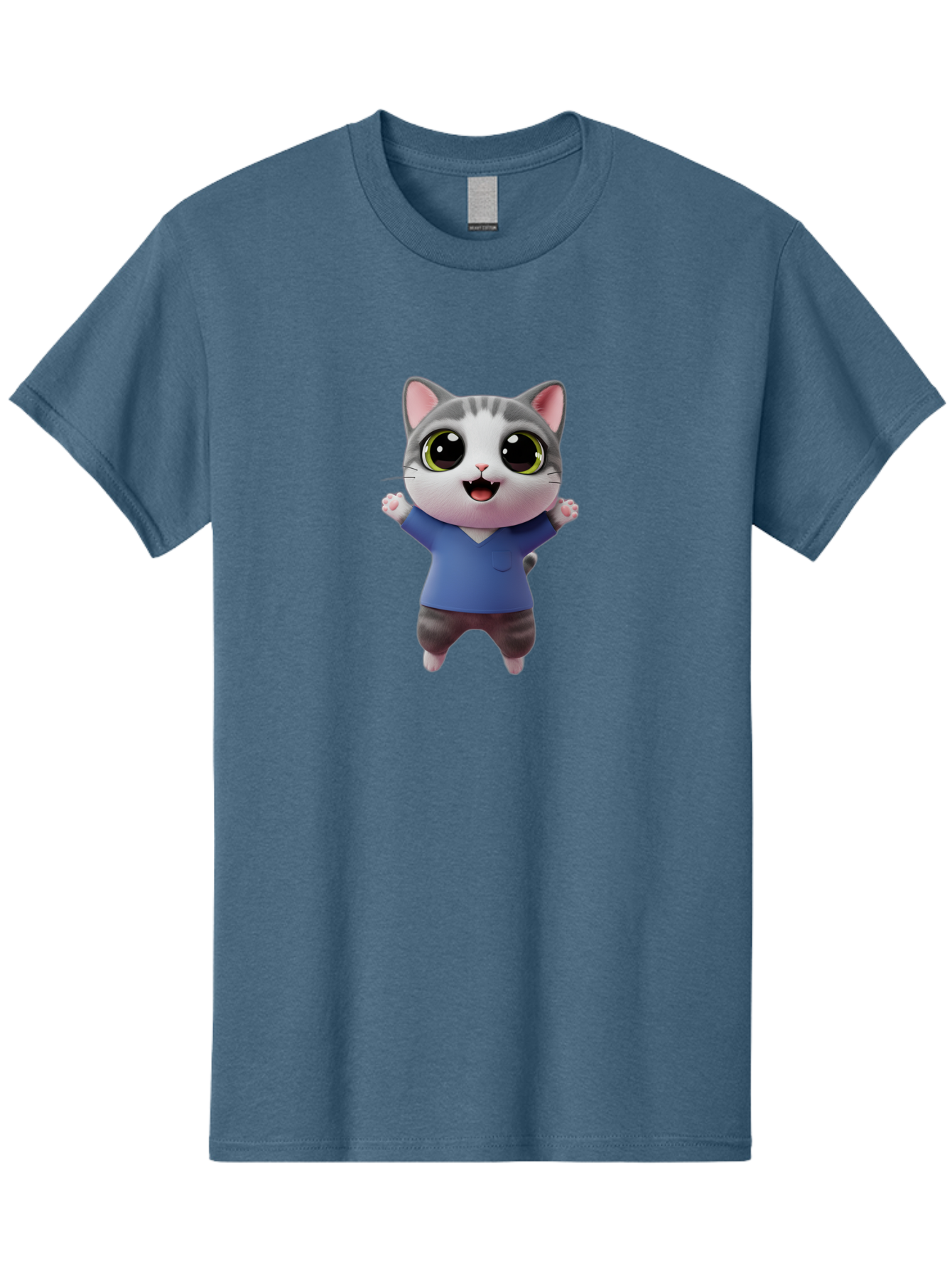 Happy-Cat Men'S Graphic Tee, 100% Cotton, Comfortable Casual Summer Wear, Machine Washable, Cartoon Cat, Gray And White Fur, Blue Shirt, Black Pants, Big Eyes, Cute Expression, Happy Face, Animated Character, 3D Illustration, Joyful Pose, Bae465
