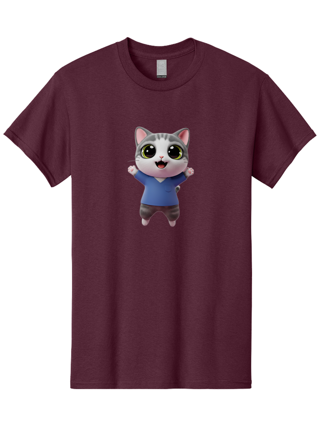 Happy-Cat Men'S Graphic Tee, 100% Cotton, Comfortable Casual Summer Wear, Machine Washable, Cartoon Cat, Gray And White Fur, Blue Shirt, Black Pants, Big Eyes, Cute Expression, Happy Face, Animated Character, 3D Illustration, Joyful Pose, Bae465