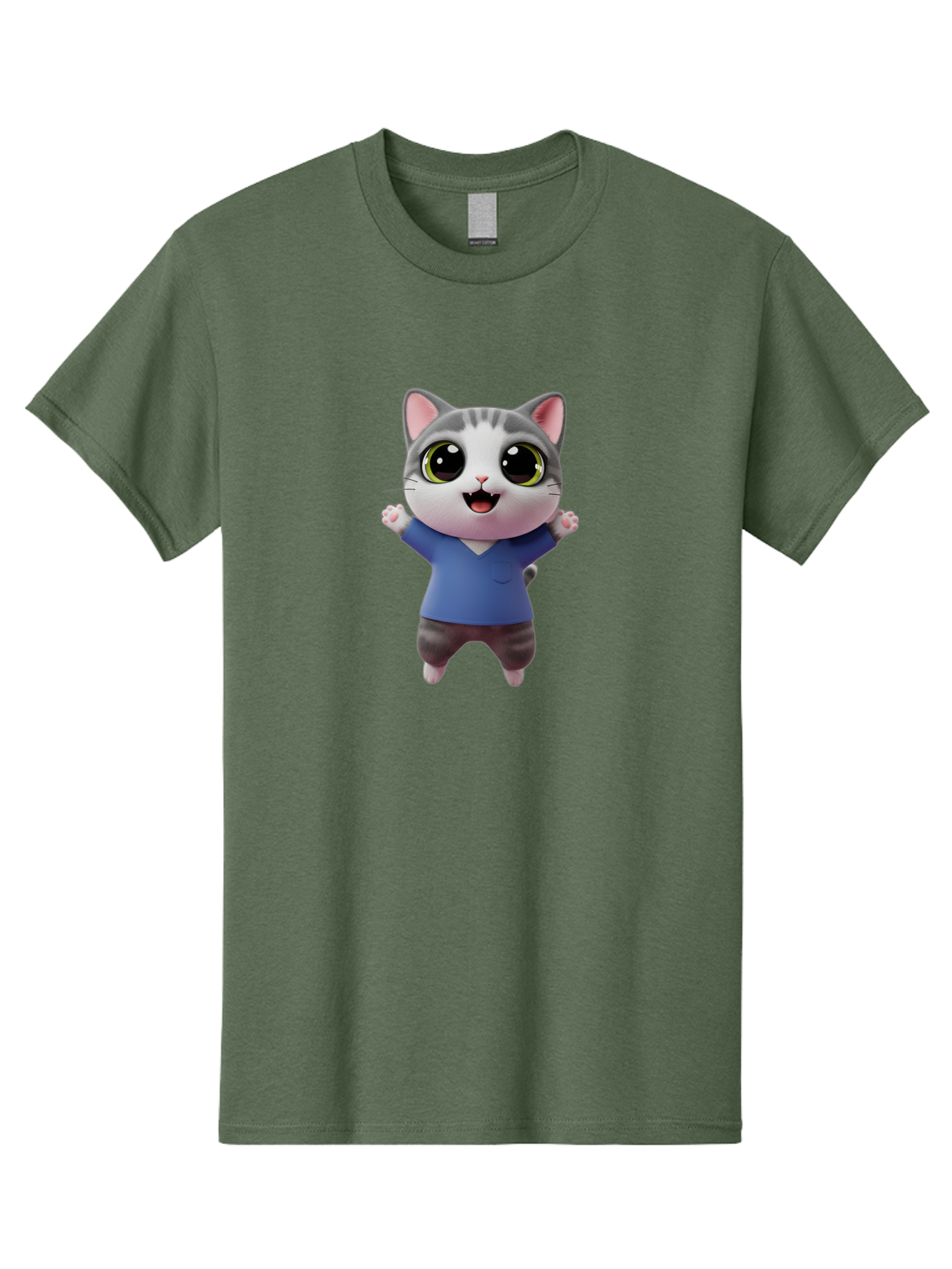 Happy-Cat Men'S Graphic Tee, 100% Cotton, Comfortable Casual Summer Wear, Machine Washable, Cartoon Cat, Gray And White Fur, Blue Shirt, Black Pants, Big Eyes, Cute Expression, Happy Face, Animated Character, 3D Illustration, Joyful Pose, Bae465