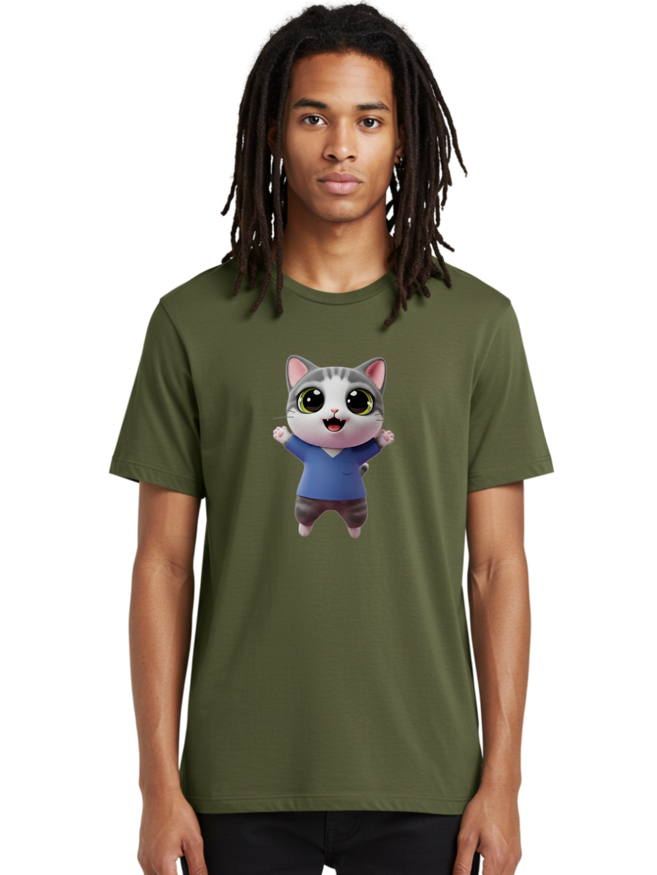 Happy-Cat Men'S Graphic Tee, 100% Cotton, Comfortable Casual Summer Wear, Machine Washable, Cartoon Cat, Gray And White Fur, Blue Shirt, Black Pants, Big Eyes, Cute Expression, Happy Face, Animated Character, 3D Illustration, Joyful Pose, Bae465
