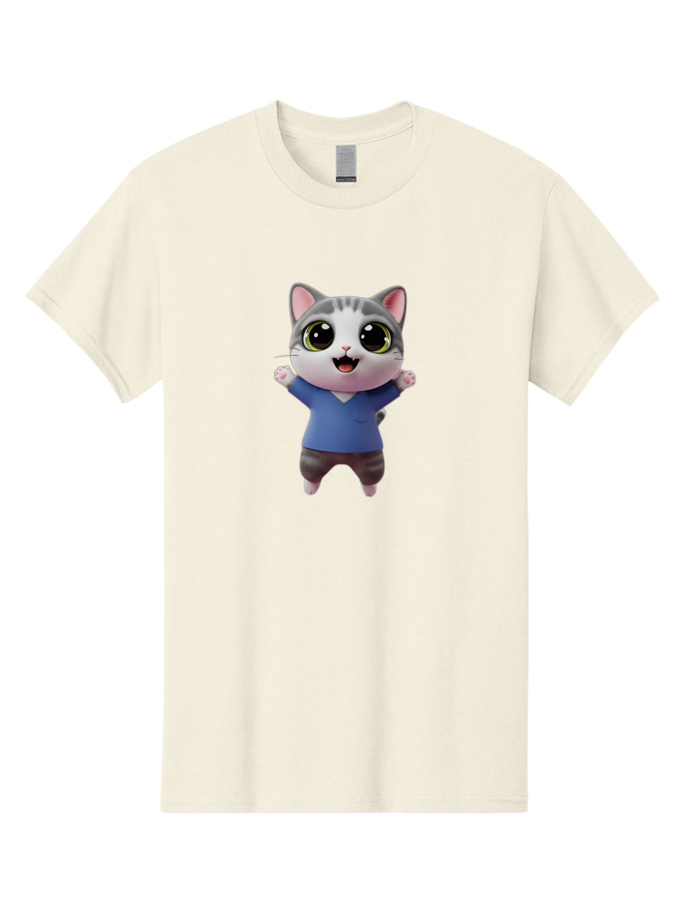 Happy-Cat Men'S Graphic Tee, 100% Cotton, Comfortable Casual Summer Wear, Machine Washable, Cartoon Cat, Gray And White Fur, Blue Shirt, Black Pants, Big Eyes, Cute Expression, Happy Face, Animated Character, 3D Illustration, Joyful Pose, Bae465