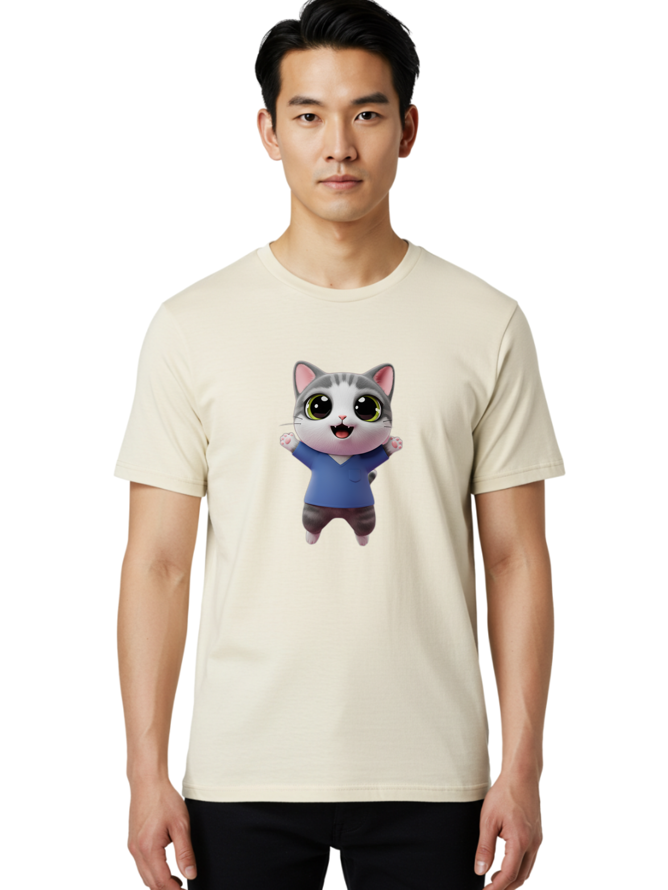 Happy-Cat Men'S Graphic Tee, 100% Cotton, Comfortable Casual Summer Wear, Machine Washable, Cartoon Cat, Gray And White Fur, Blue Shirt, Black Pants, Big Eyes, Cute Expression, Happy Face, Animated Character, 3D Illustration, Joyful Pose, Bae465