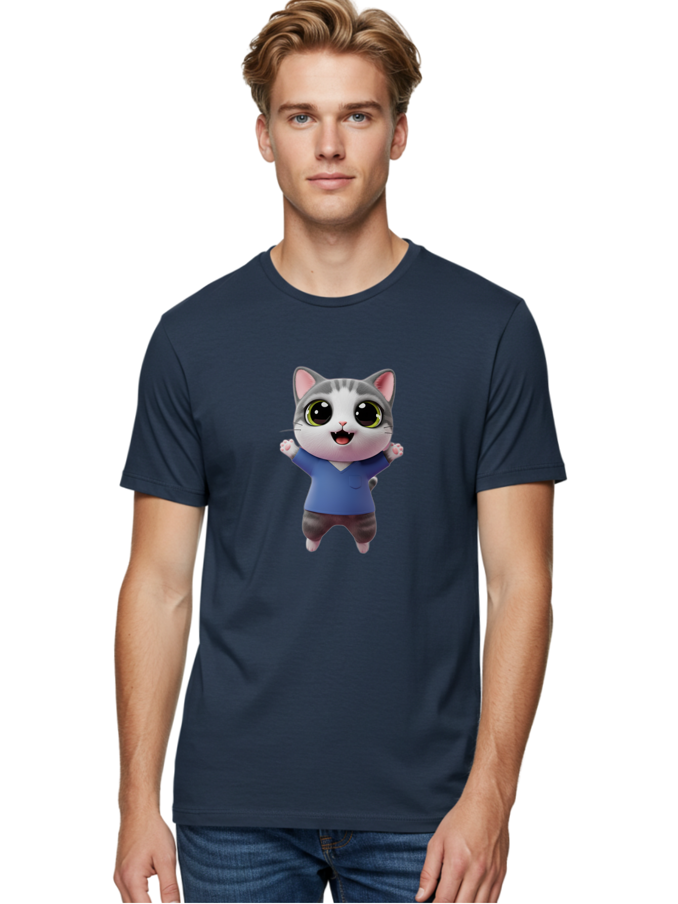 Happy-Cat Men'S Graphic Tee, 100% Cotton, Comfortable Casual Summer Wear, Machine Washable, Cartoon Cat, Gray And White Fur, Blue Shirt, Black Pants, Big Eyes, Cute Expression, Happy Face, Animated Character, 3D Illustration, Joyful Pose, Bae465