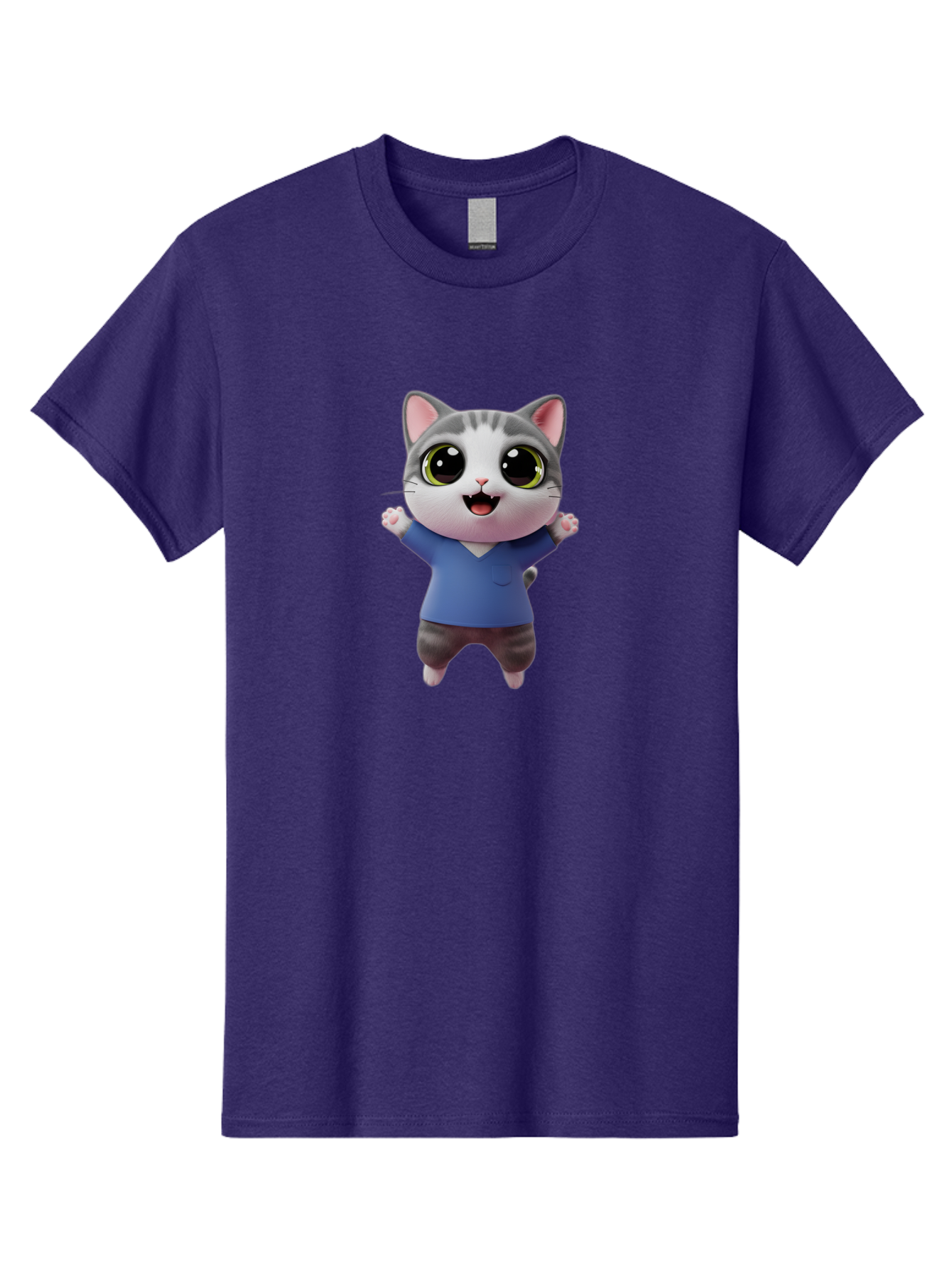 Happy-Cat Men'S Graphic Tee, 100% Cotton, Comfortable Casual Summer Wear, Machine Washable, Cartoon Cat, Gray And White Fur, Blue Shirt, Black Pants, Big Eyes, Cute Expression, Happy Face, Animated Character, 3D Illustration, Joyful Pose, Bae465