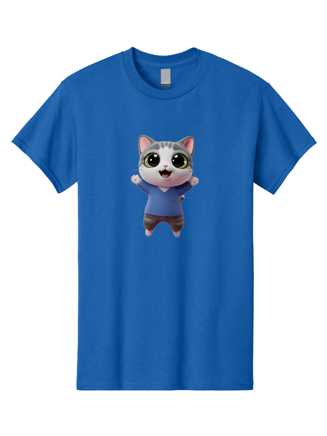 Happy-Cat Men'S Graphic Tee, 100% Cotton, Comfortable Casual Summer Wear, Machine Washable, Cartoon Cat, Gray And White Fur, Blue Shirt, Black Pants, Big Eyes, Cute Expression, Happy Face, Animated Character, 3D Illustration, Joyful Pose, Bae465