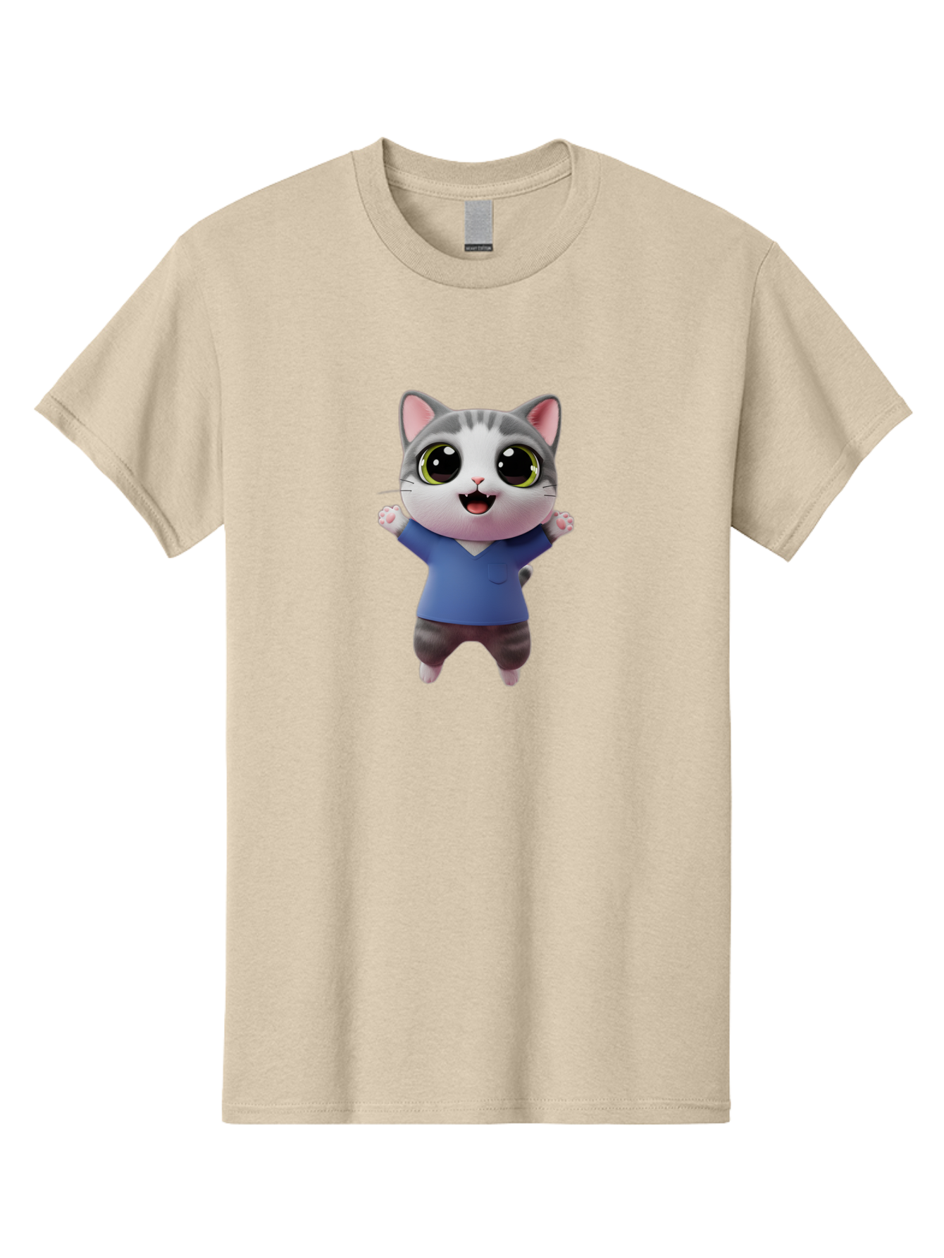 Happy-Cat Men'S Graphic Tee, 100% Cotton, Comfortable Casual Summer Wear, Machine Washable, Cartoon Cat, Gray And White Fur, Blue Shirt, Black Pants, Big Eyes, Cute Expression, Happy Face, Animated Character, 3D Illustration, Joyful Pose, Bae465