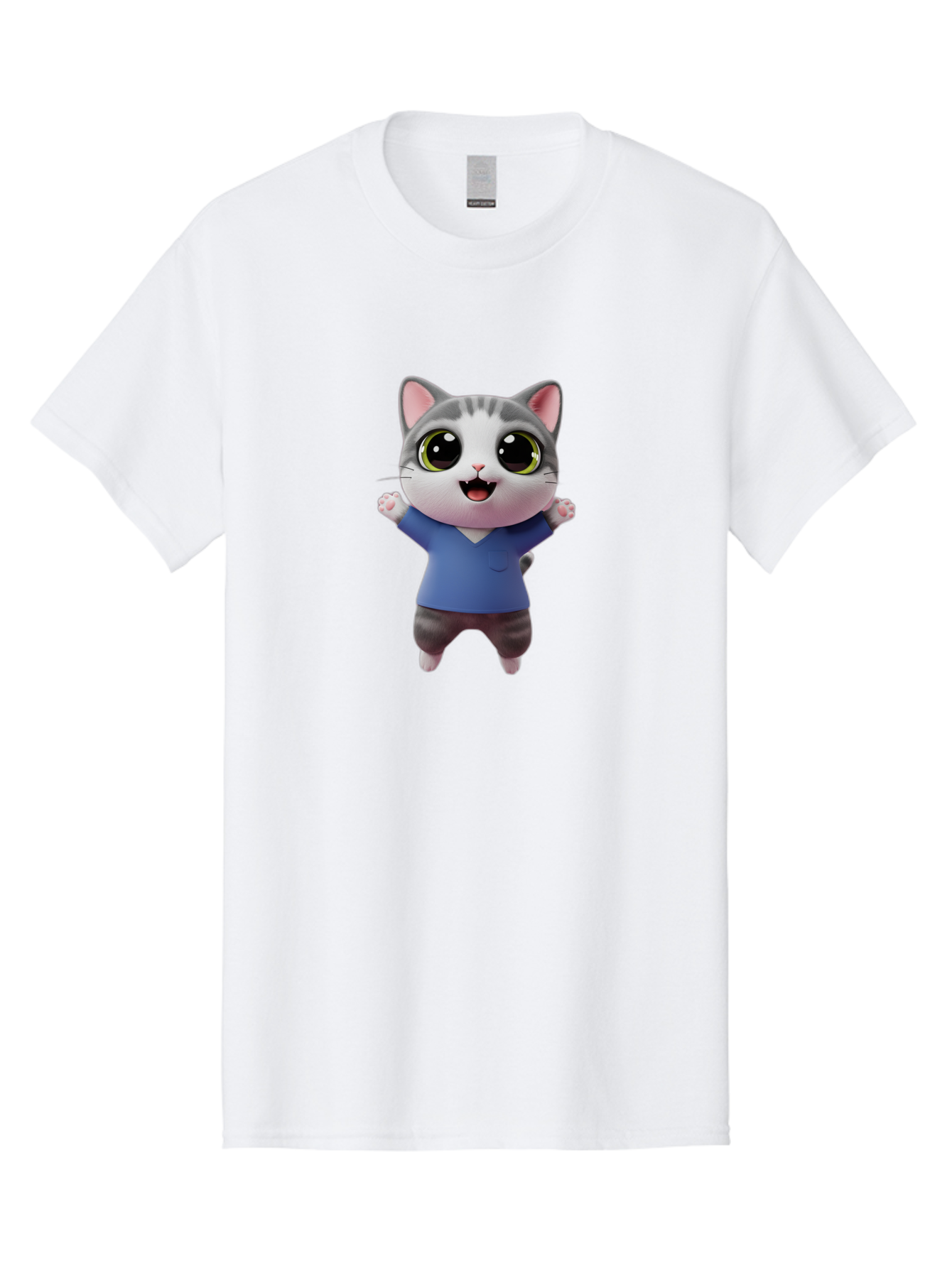 Happy-Cat Men'S Graphic Tee, 100% Cotton, Comfortable Casual Summer Wear, Machine Washable, Cartoon Cat, Gray And White Fur, Blue Shirt, Black Pants, Big Eyes, Cute Expression, Happy Face, Animated Character, 3D Illustration, Joyful Pose, Bae465