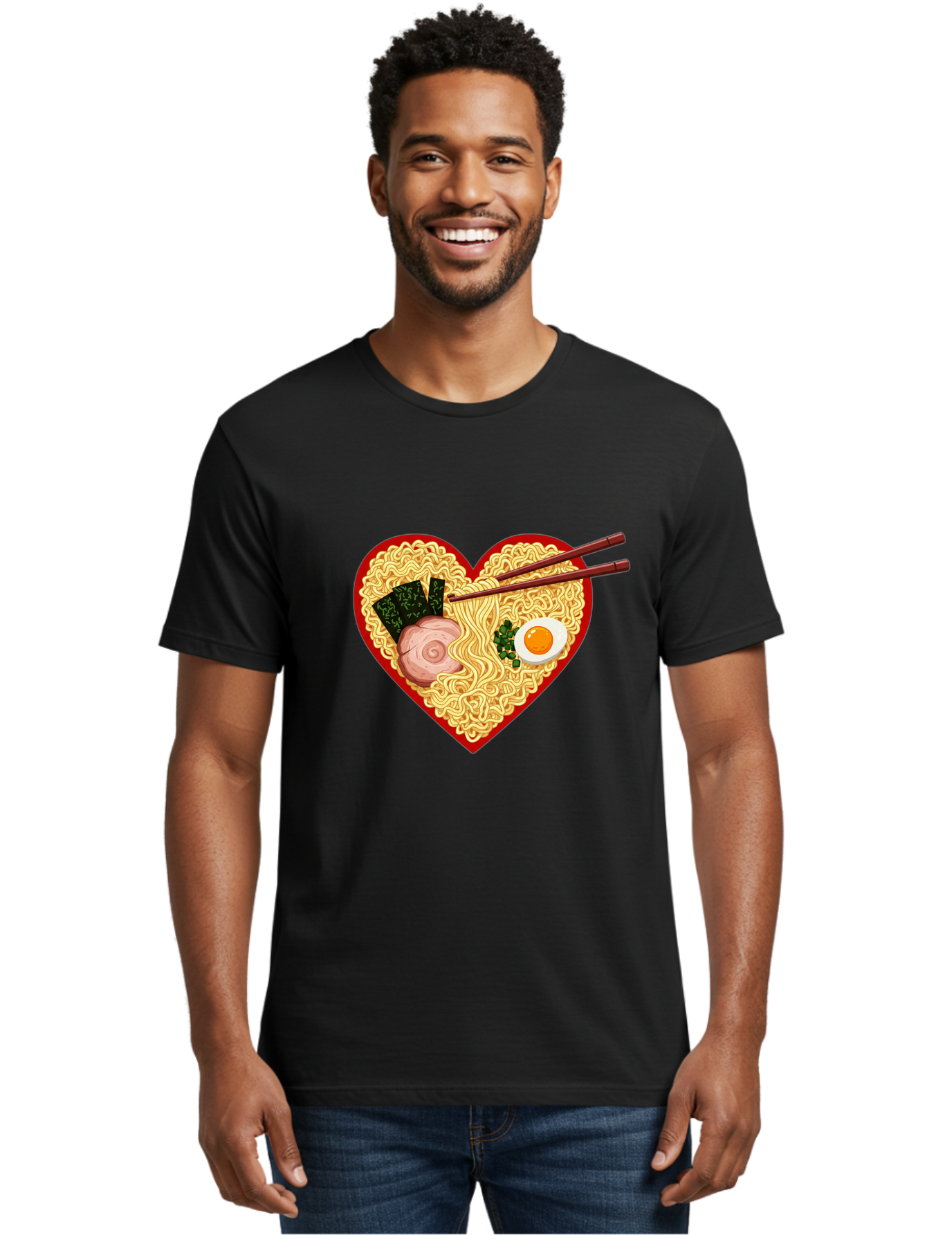 Heart-Shaped-Ramen-Noodles Men'S Graphic Tee, 100% Cotton, Comfortable Casual Summer Wear, Machine Washable, Ramen Noodles, Heart-Shaped Bowl, Chopsticks, Soft-Boiled Egg, Sliced Pork, Seaweed, Green Onions, Asian Cuisine, Japanese Food, Bae466