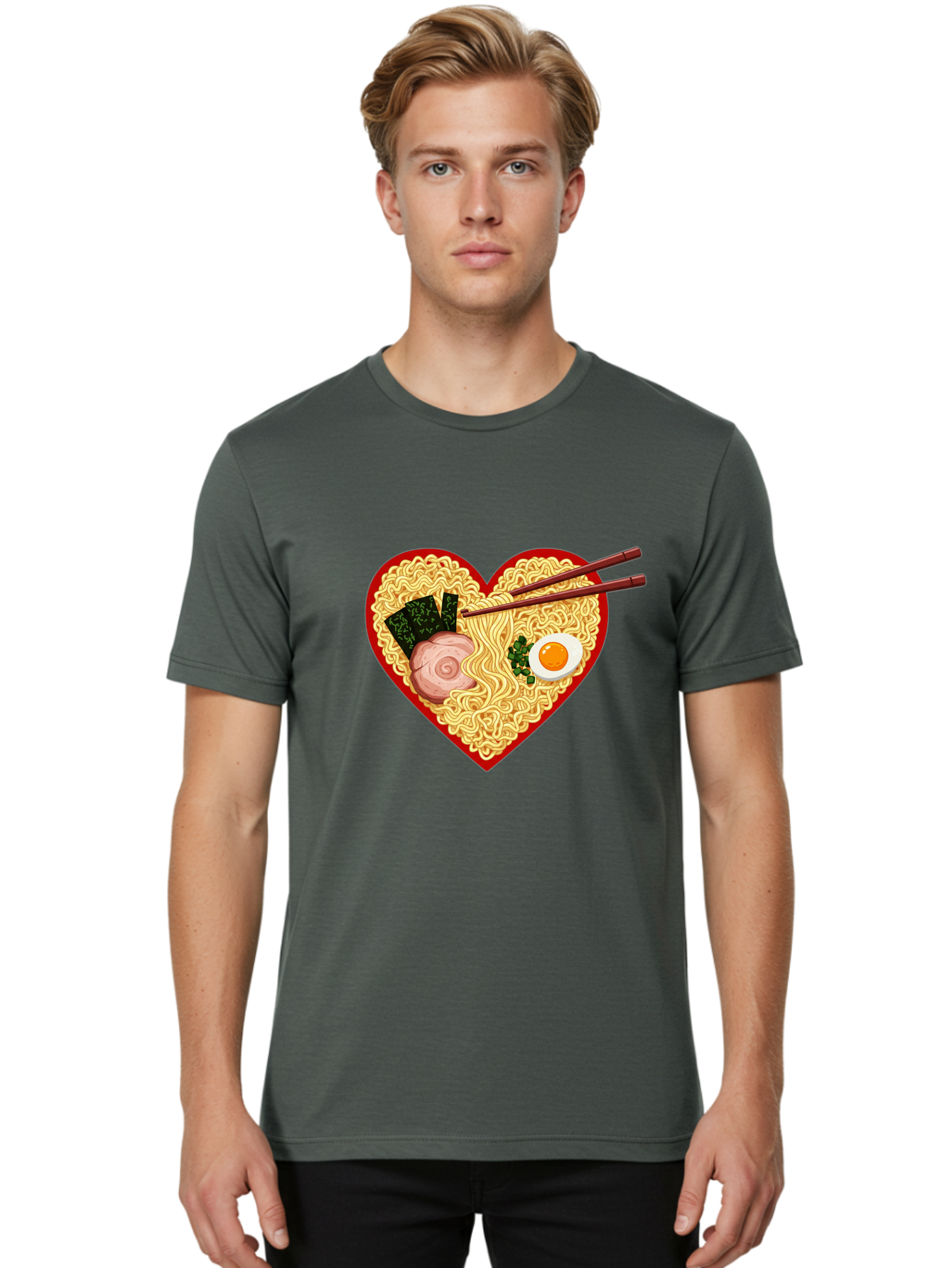 Heart-Shaped-Ramen-Noodles Men'S Graphic Tee, 100% Cotton, Comfortable Casual Summer Wear, Machine Washable, Ramen Noodles, Heart-Shaped Bowl, Chopsticks, Soft-Boiled Egg, Sliced Pork, Seaweed, Green Onions, Asian Cuisine, Japanese Food, Bae466