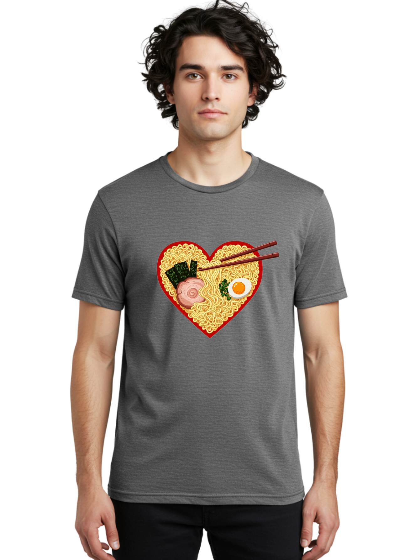 Heart-Shaped-Ramen-Noodles Men'S Graphic Tee, 100% Cotton, Comfortable Casual Summer Wear, Machine Washable, Ramen Noodles, Heart-Shaped Bowl, Chopsticks, Soft-Boiled Egg, Sliced Pork, Seaweed, Green Onions, Asian Cuisine, Japanese Food, Bae466