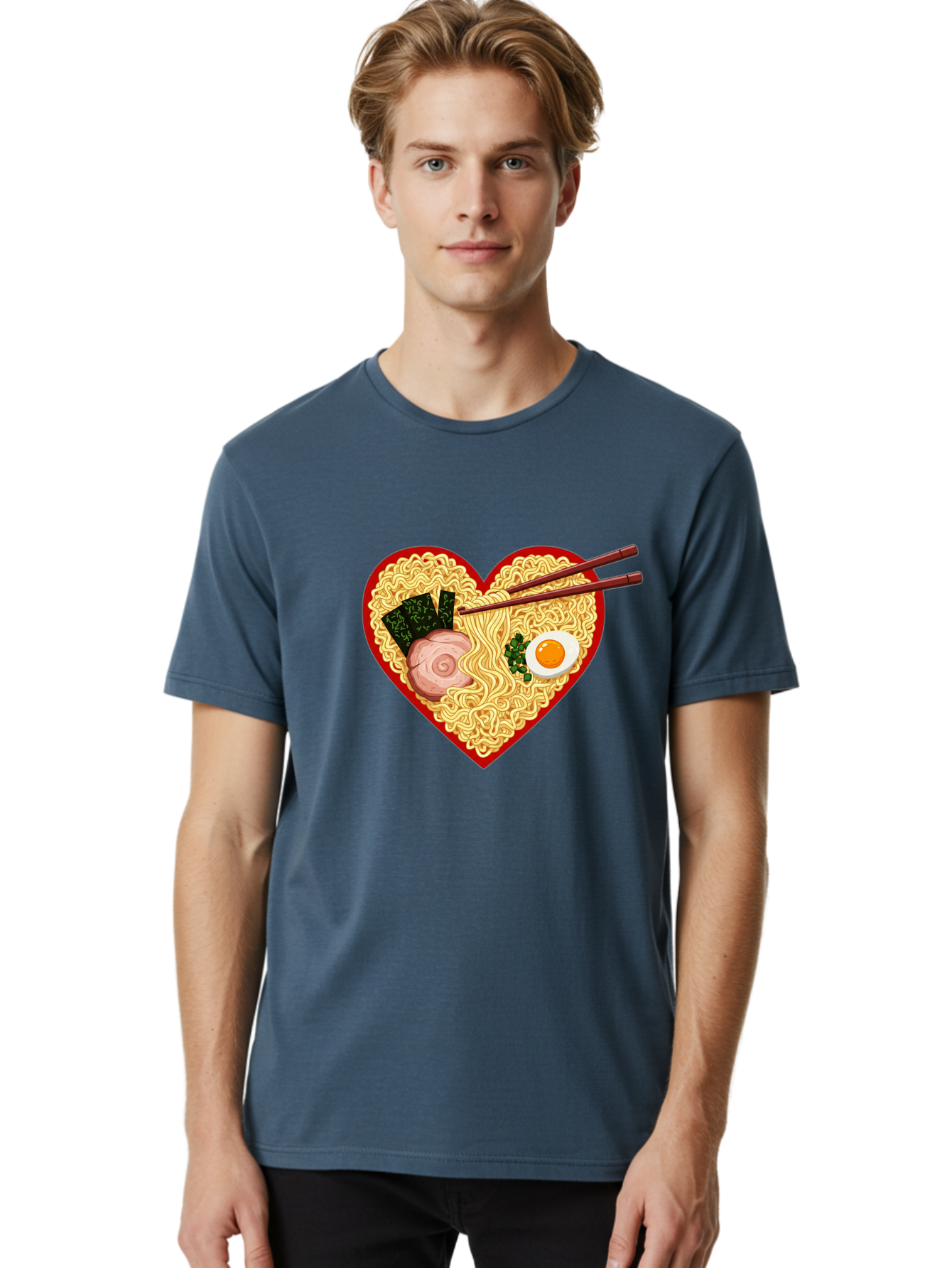 Heart-Shaped-Ramen-Noodles Men'S Graphic Tee, 100% Cotton, Comfortable Casual Summer Wear, Machine Washable, Ramen Noodles, Heart-Shaped Bowl, Chopsticks, Soft-Boiled Egg, Sliced Pork, Seaweed, Green Onions, Asian Cuisine, Japanese Food, Bae466