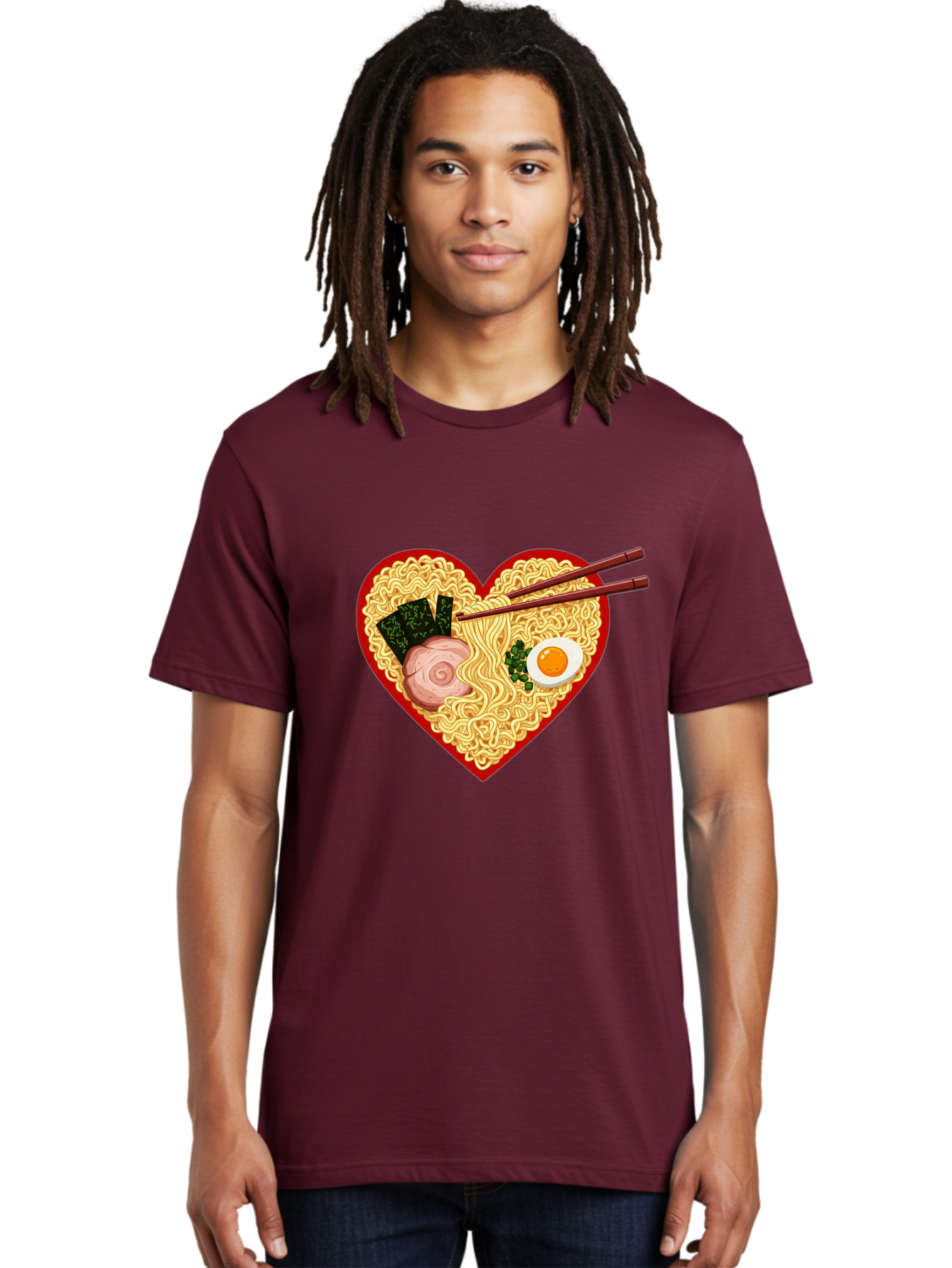 Heart-Shaped-Ramen-Noodles Men'S Graphic Tee, 100% Cotton, Comfortable Casual Summer Wear, Machine Washable, Ramen Noodles, Heart-Shaped Bowl, Chopsticks, Soft-Boiled Egg, Sliced Pork, Seaweed, Green Onions, Asian Cuisine, Japanese Food, Bae466