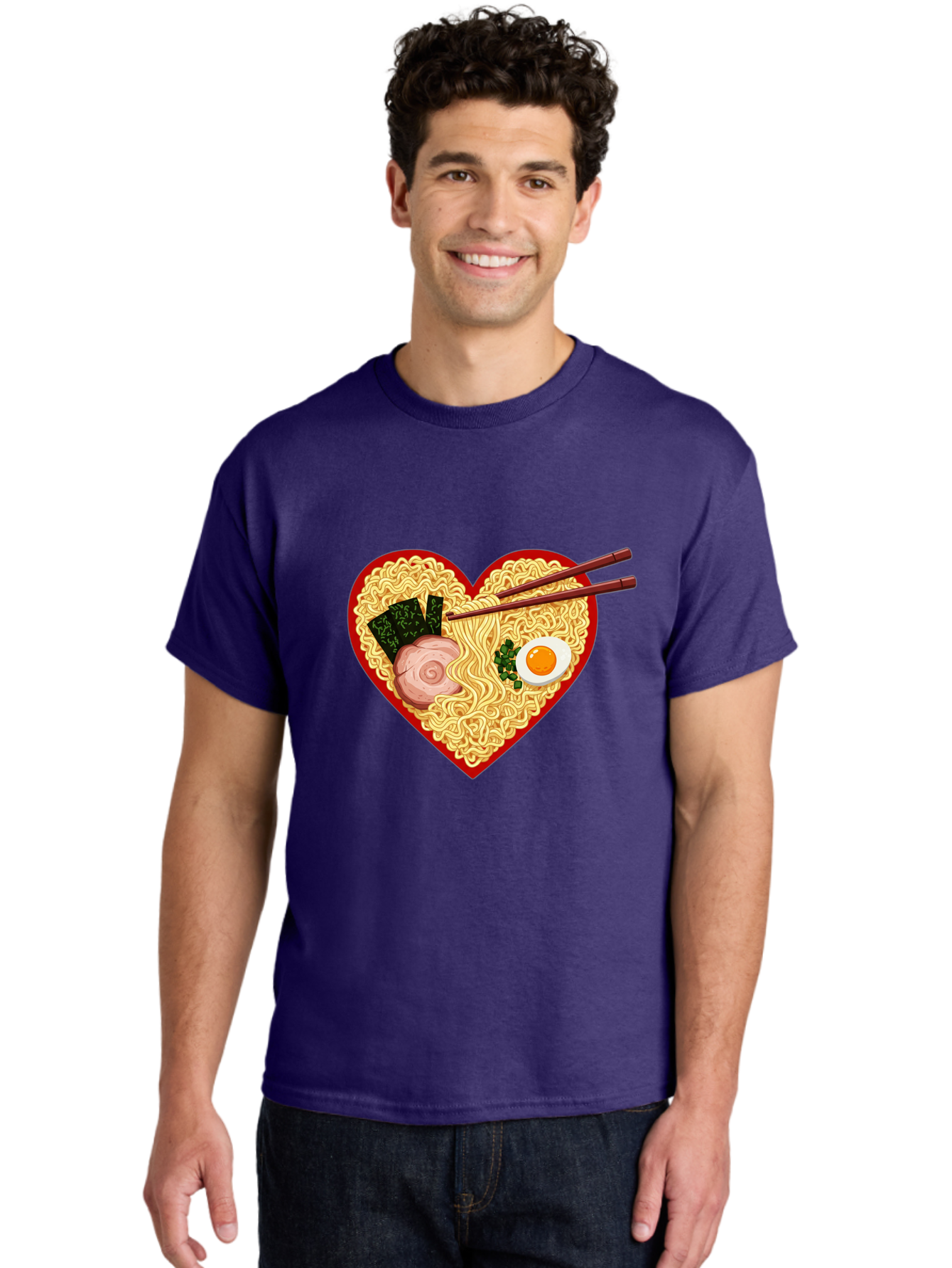 Heart-Shaped-Ramen-Noodles Men'S Graphic Tee, 100% Cotton, Comfortable Casual Summer Wear, Machine Washable, Ramen Noodles, Heart-Shaped Bowl, Chopsticks, Soft-Boiled Egg, Sliced Pork, Seaweed, Green Onions, Asian Cuisine, Japanese Food, Bae466