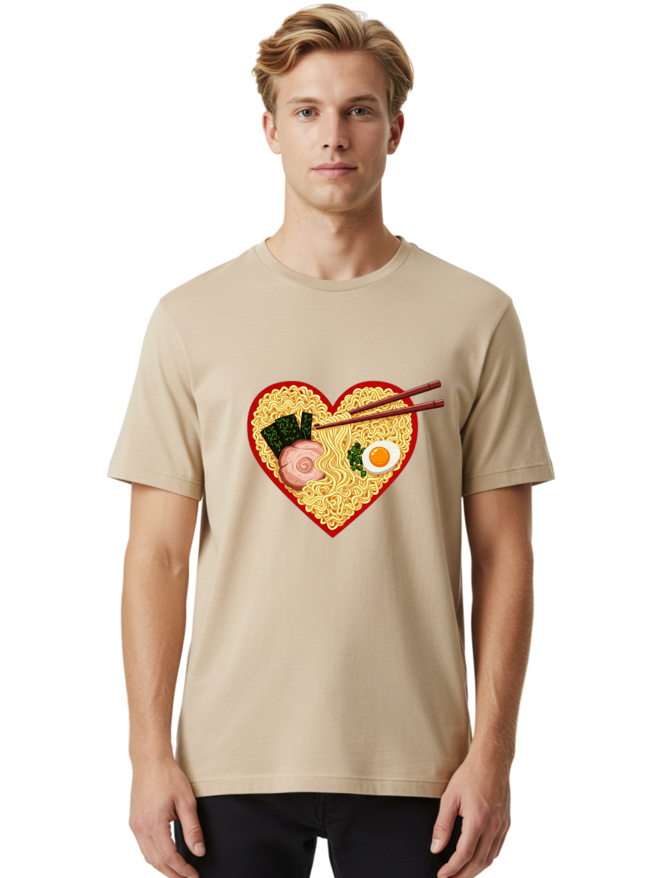Heart-Shaped-Ramen-Noodles Men'S Graphic Tee, 100% Cotton, Comfortable Casual Summer Wear, Machine Washable, Ramen Noodles, Heart-Shaped Bowl, Chopsticks, Soft-Boiled Egg, Sliced Pork, Seaweed, Green Onions, Asian Cuisine, Japanese Food, Bae466