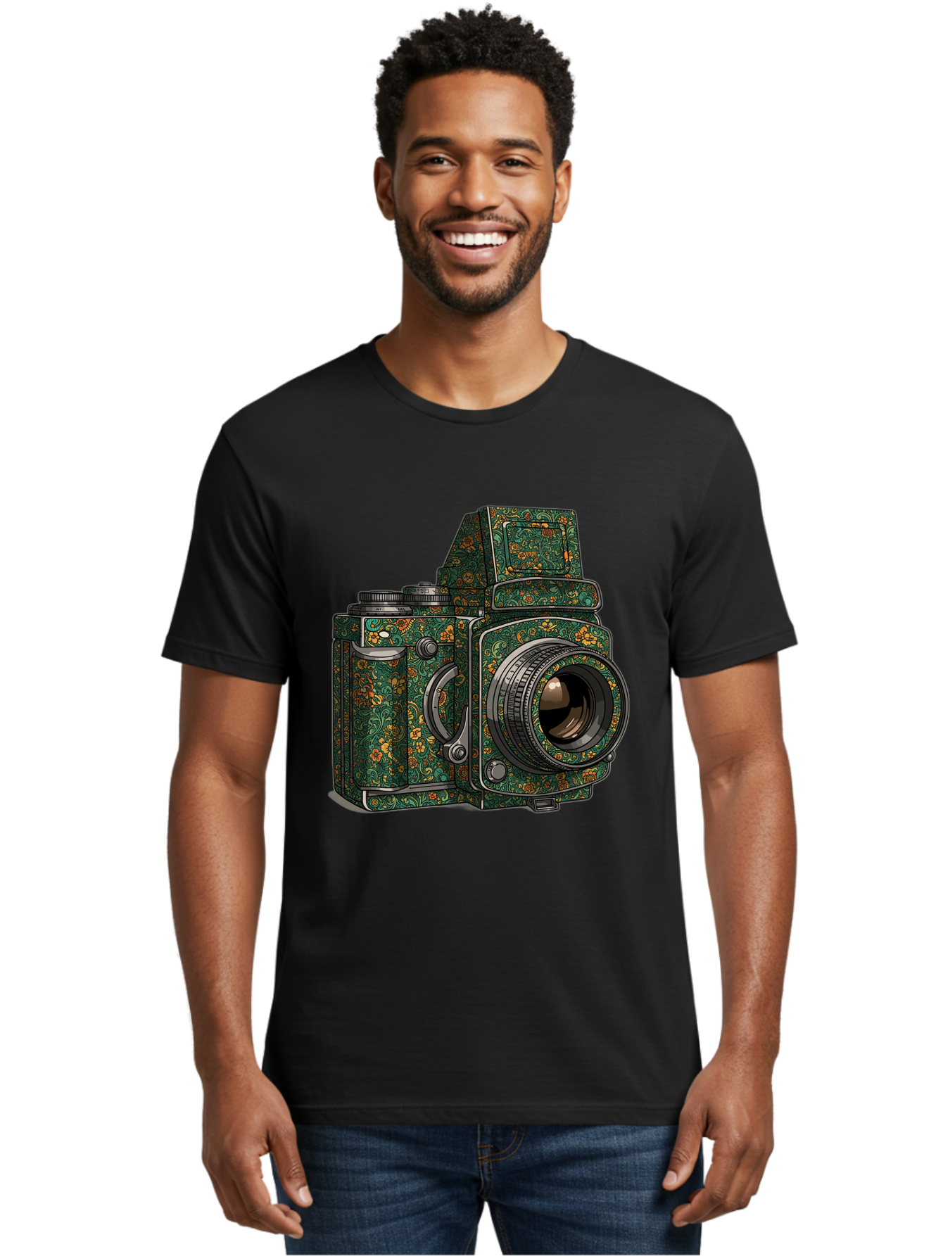 Holoformer-Camera Men'S Graphic Tee, 100% Cotton, Comfortable Casual Summer Wear, Machine Washable, Medium Format Camera, Vintage Photography Equipment, Retro Camera Design, Floral Patterns, Luxurious Look, Intricate Details, Bae468