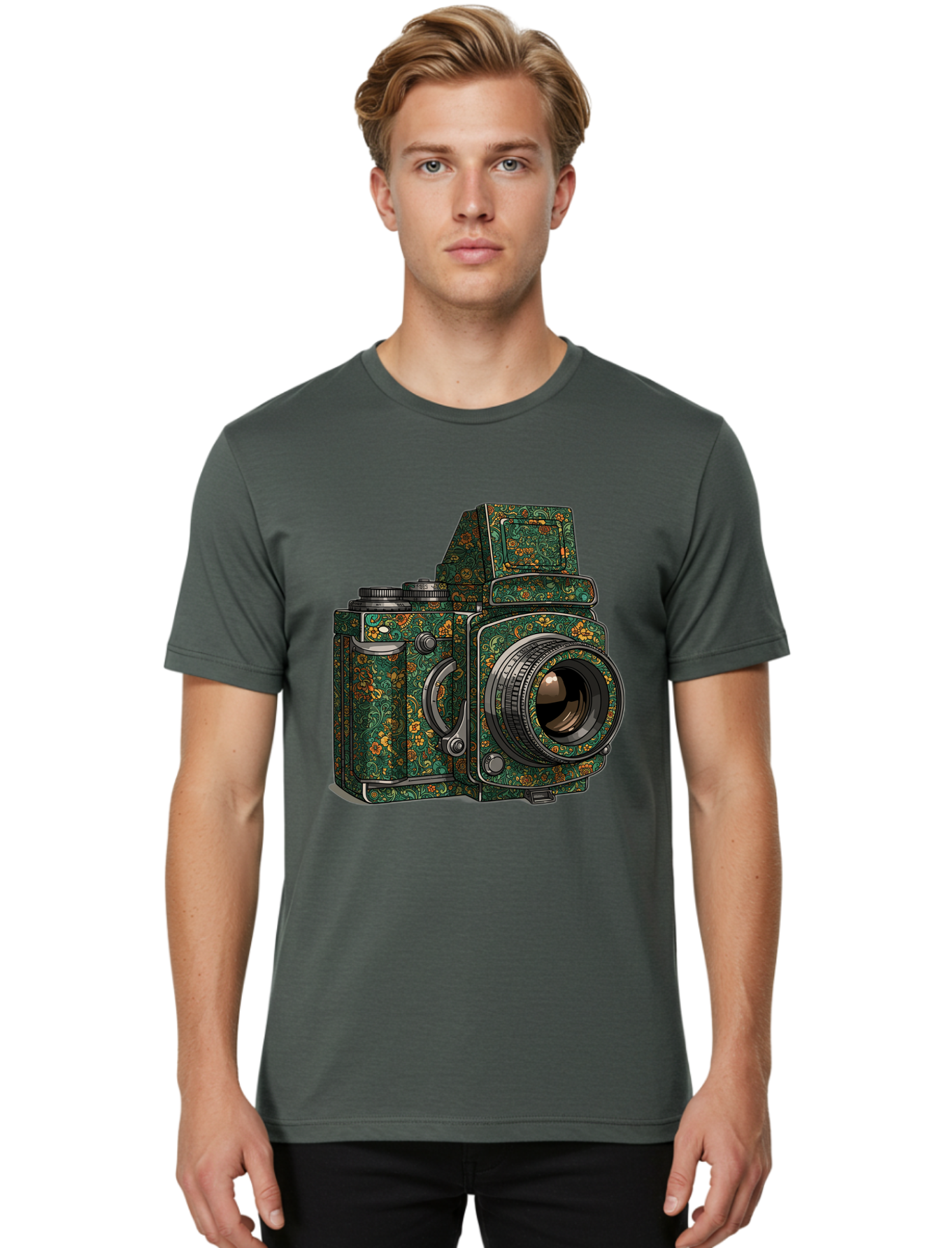 Holoformer-Camera Men'S Graphic Tee, 100% Cotton, Comfortable Casual Summer Wear, Machine Washable, Medium Format Camera, Vintage Photography Equipment, Retro Camera Design, Floral Patterns, Luxurious Look, Intricate Details, Bae468