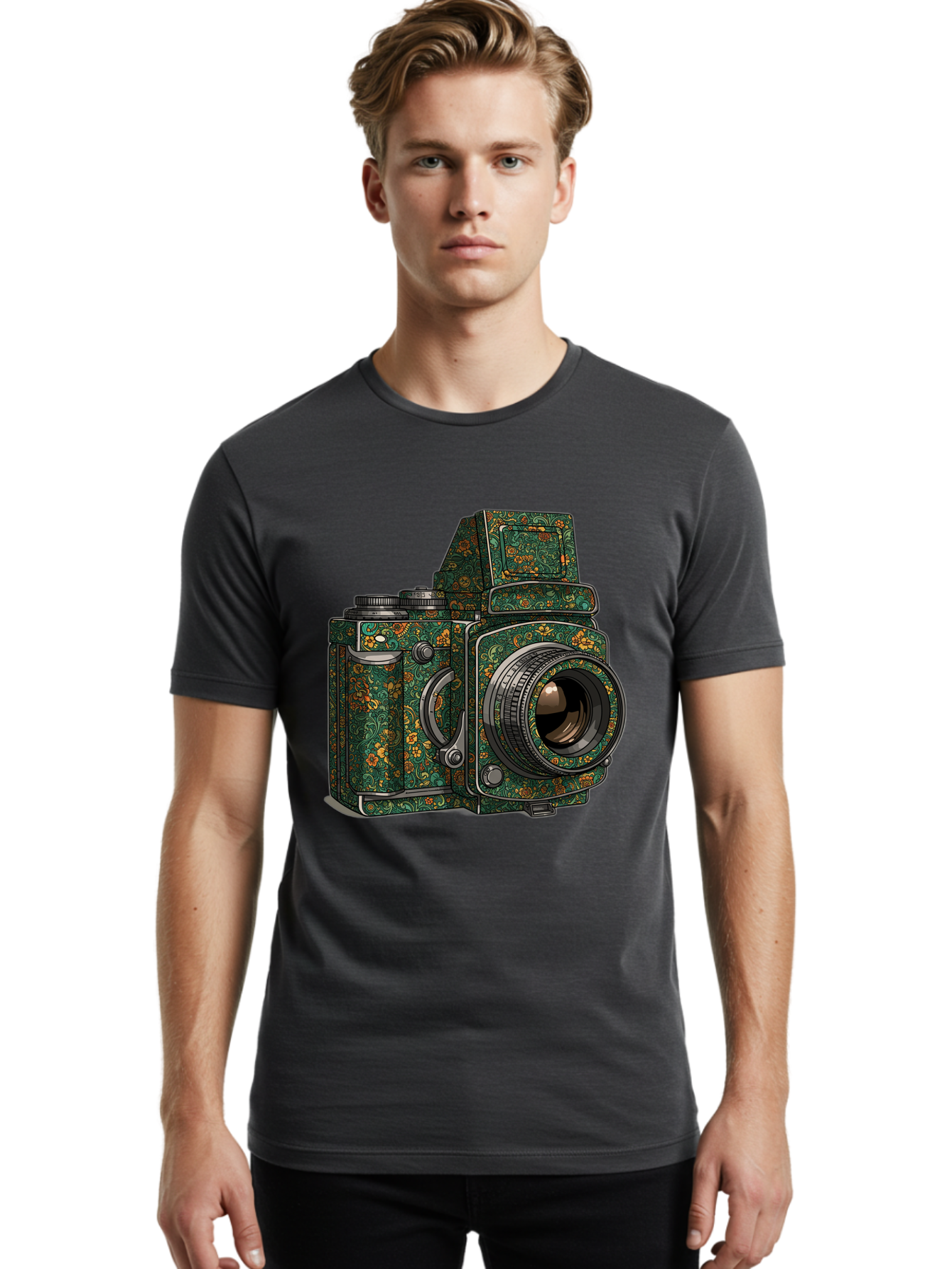 Holoformer-Camera Men'S Graphic Tee, 100% Cotton, Comfortable Casual Summer Wear, Machine Washable, Medium Format Camera, Vintage Photography Equipment, Retro Camera Design, Floral Patterns, Luxurious Look, Intricate Details, Bae468