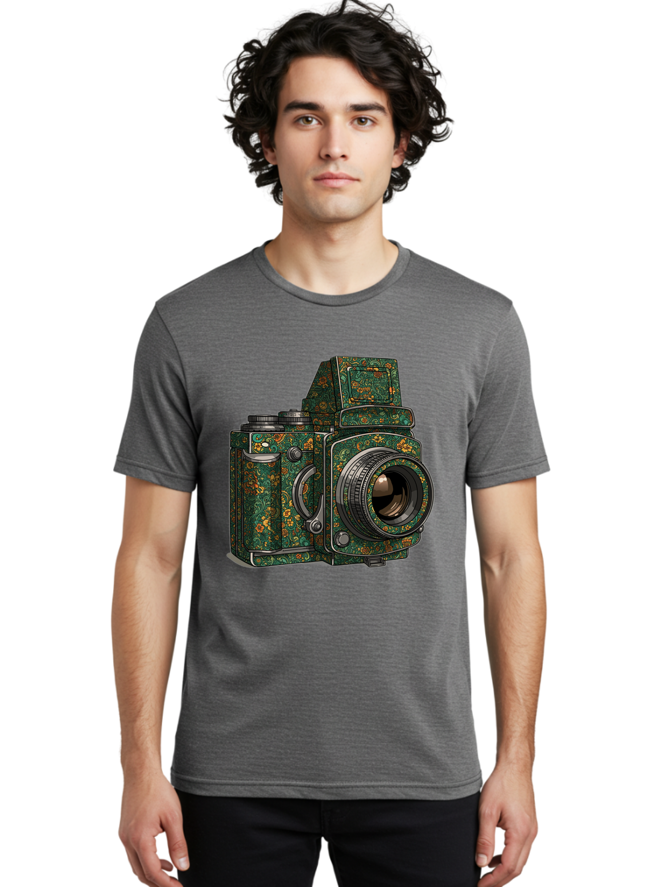 Holoformer-Camera Men'S Graphic Tee, 100% Cotton, Comfortable Casual Summer Wear, Machine Washable, Medium Format Camera, Vintage Photography Equipment, Retro Camera Design, Floral Patterns, Luxurious Look, Intricate Details, Bae468