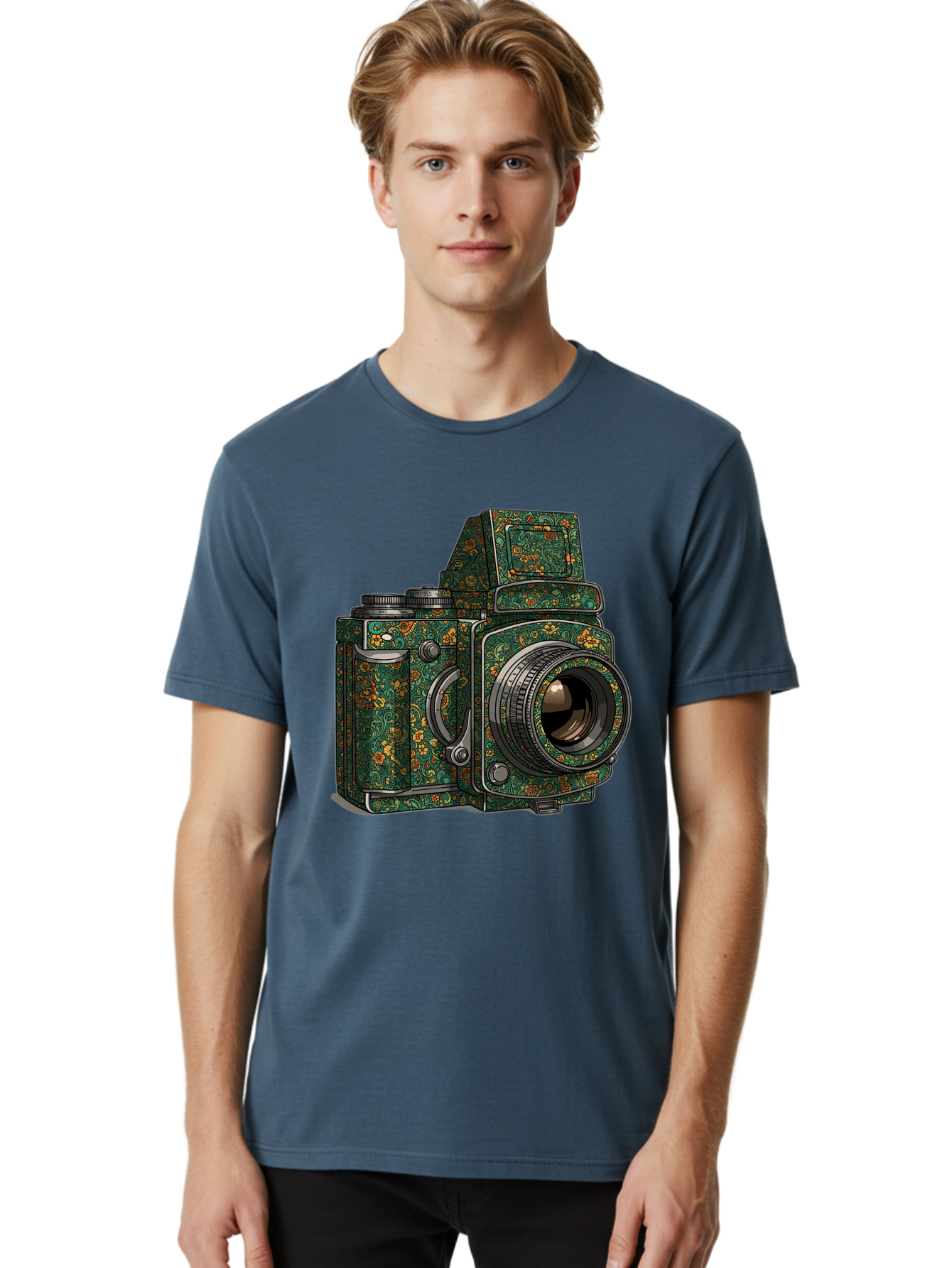 Holoformer-Camera Men'S Graphic Tee, 100% Cotton, Comfortable Casual Summer Wear, Machine Washable, Medium Format Camera, Vintage Photography Equipment, Retro Camera Design, Floral Patterns, Luxurious Look, Intricate Details, Bae468