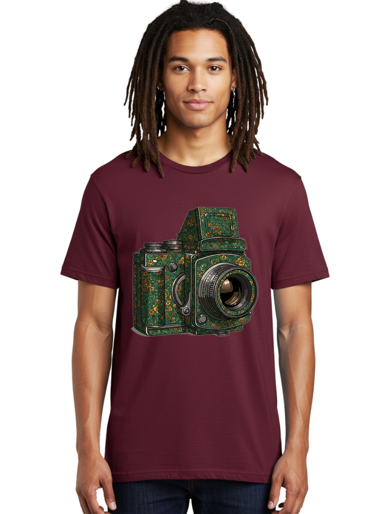 Holoformer-Camera Men'S Graphic Tee, 100% Cotton, Comfortable Casual Summer Wear, Machine Washable, Medium Format Camera, Vintage Photography Equipment, Retro Camera Design, Floral Patterns, Luxurious Look, Intricate Details, Bae468