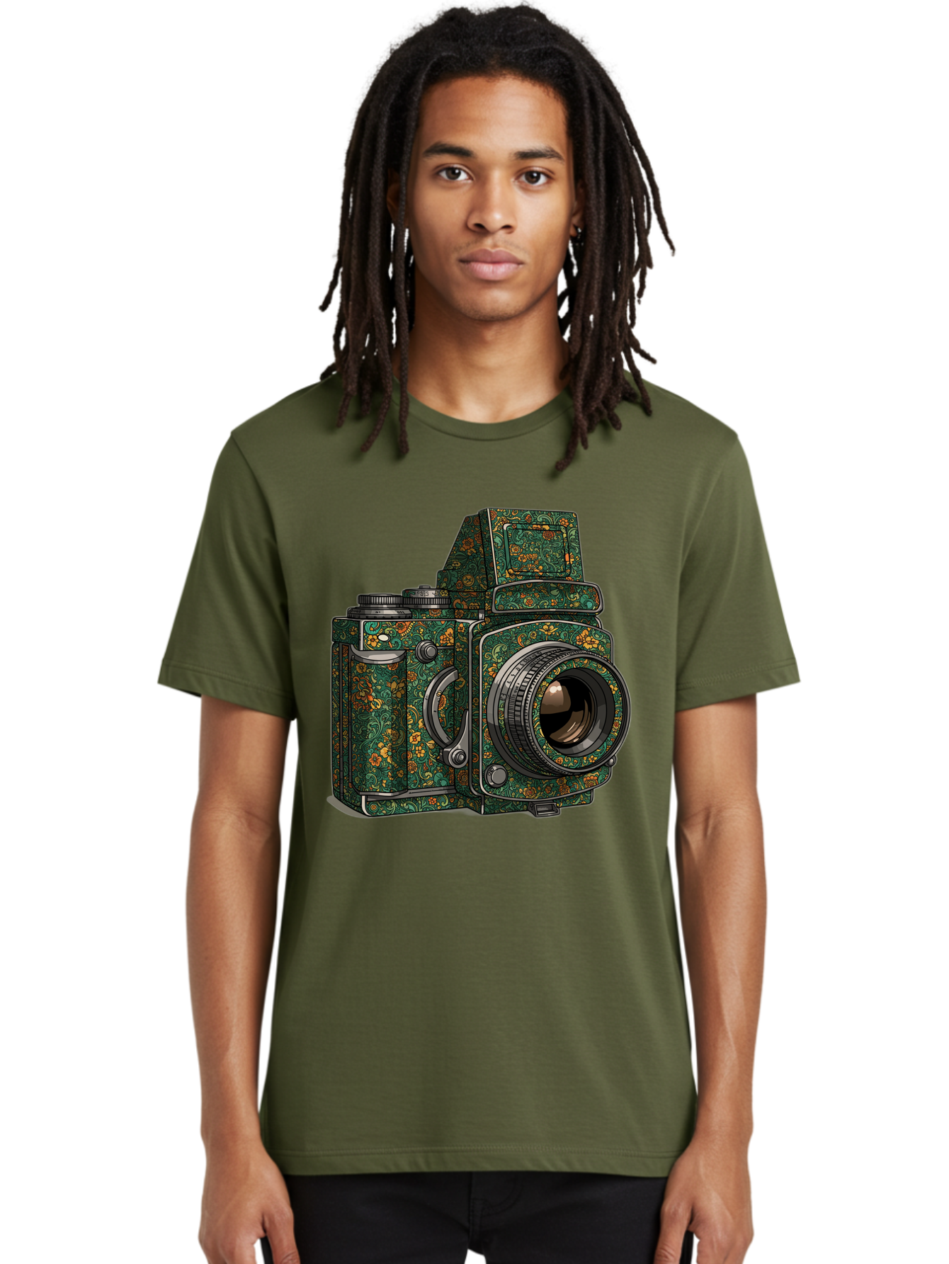 Holoformer-Camera Men'S Graphic Tee, 100% Cotton, Comfortable Casual Summer Wear, Machine Washable, Medium Format Camera, Vintage Photography Equipment, Retro Camera Design, Floral Patterns, Luxurious Look, Intricate Details, Bae468