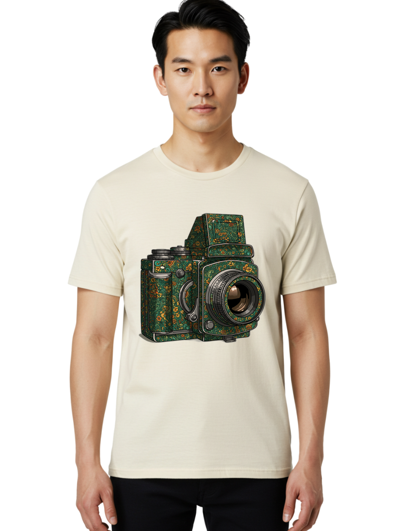 Holoformer-Camera Men'S Graphic Tee, 100% Cotton, Comfortable Casual Summer Wear, Machine Washable, Medium Format Camera, Vintage Photography Equipment, Retro Camera Design, Floral Patterns, Luxurious Look, Intricate Details, Bae468