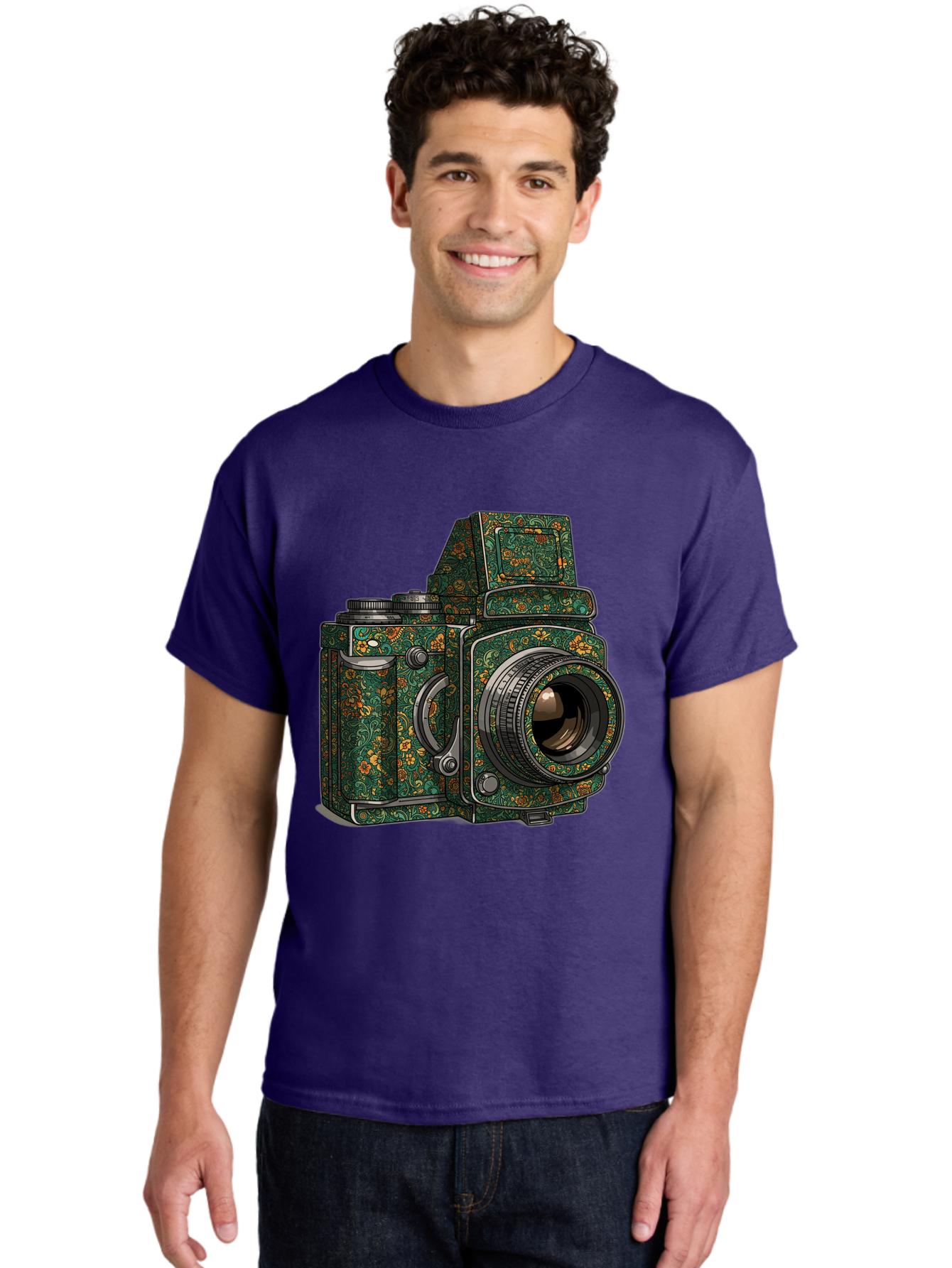 Holoformer-Camera Men'S Graphic Tee, 100% Cotton, Comfortable Casual Summer Wear, Machine Washable, Medium Format Camera, Vintage Photography Equipment, Retro Camera Design, Floral Patterns, Luxurious Look, Intricate Details, Bae468