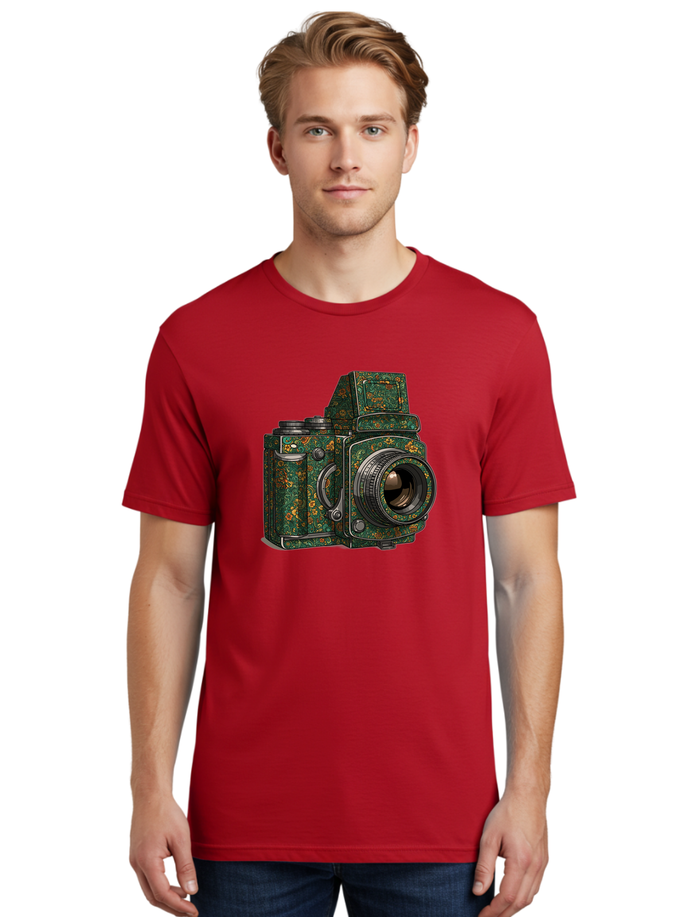 Holoformer-Camera Men'S Graphic Tee, 100% Cotton, Comfortable Casual Summer Wear, Machine Washable, Medium Format Camera, Vintage Photography Equipment, Retro Camera Design, Floral Patterns, Luxurious Look, Intricate Details, Bae468