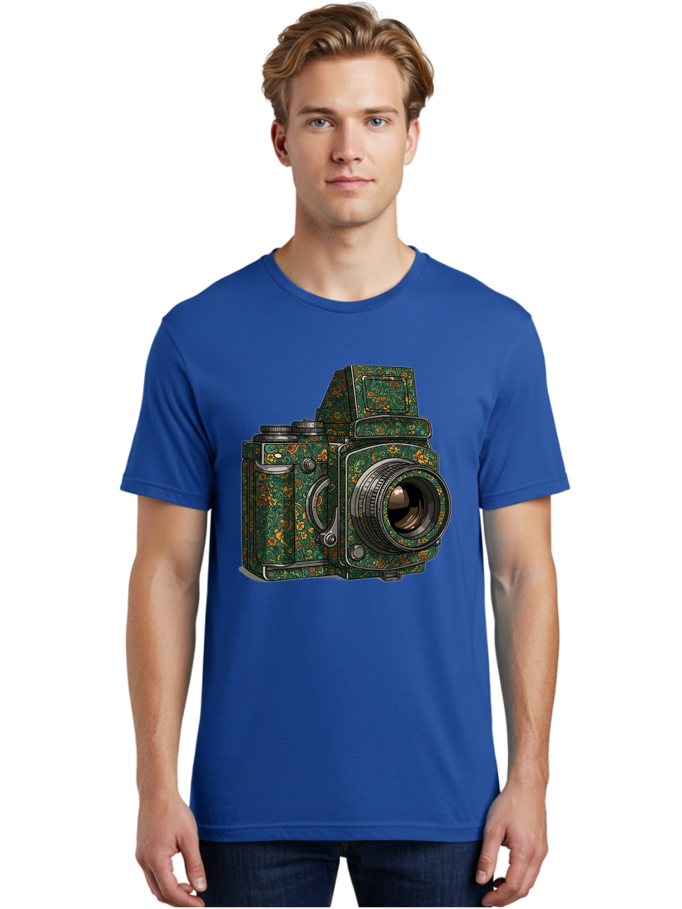 Holoformer-Camera Men'S Graphic Tee, 100% Cotton, Comfortable Casual Summer Wear, Machine Washable, Medium Format Camera, Vintage Photography Equipment, Retro Camera Design, Floral Patterns, Luxurious Look, Intricate Details, Bae468