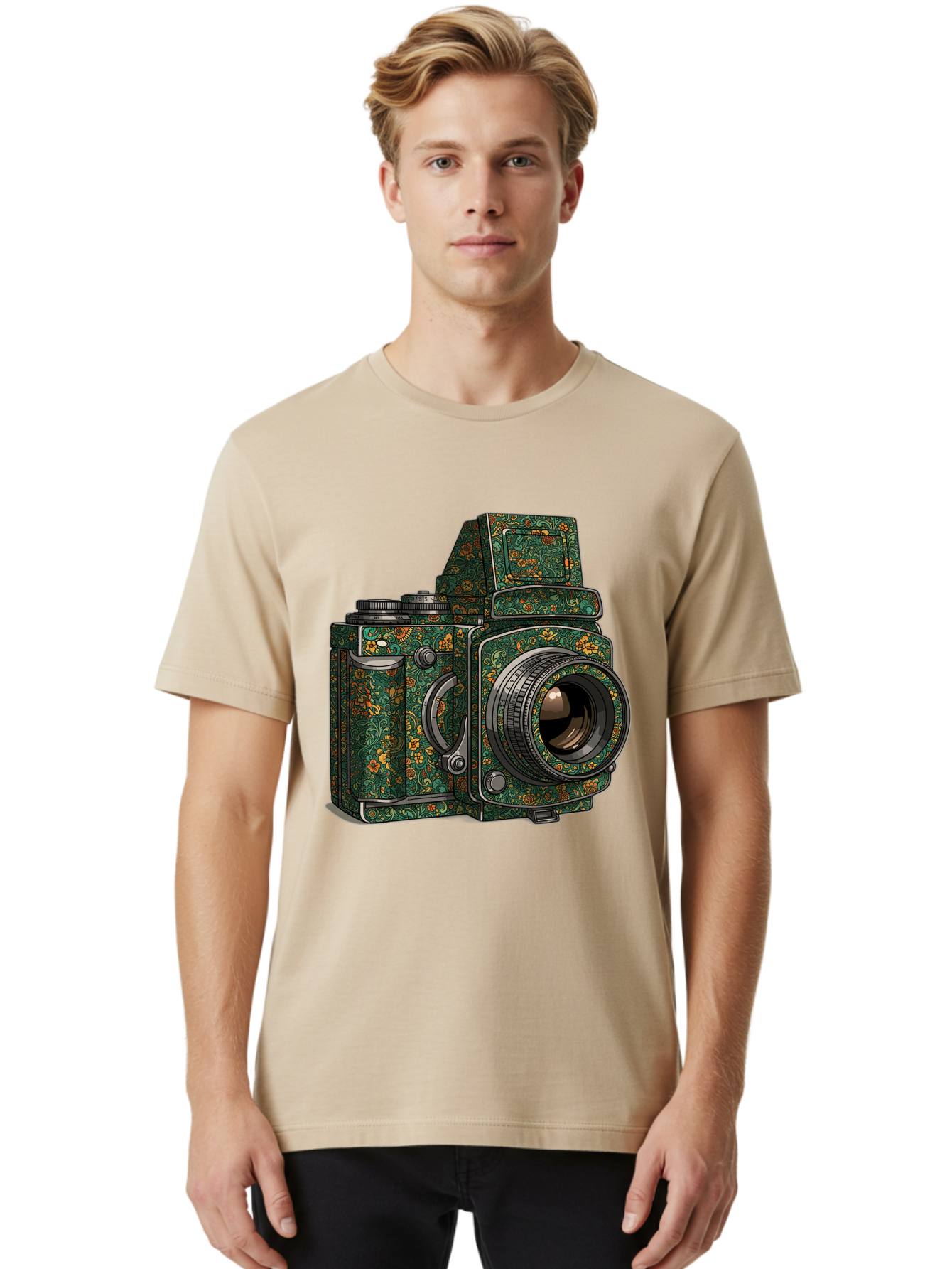 Holoformer-Camera Men'S Graphic Tee, 100% Cotton, Comfortable Casual Summer Wear, Machine Washable, Medium Format Camera, Vintage Photography Equipment, Retro Camera Design, Floral Patterns, Luxurious Look, Intricate Details, Bae468