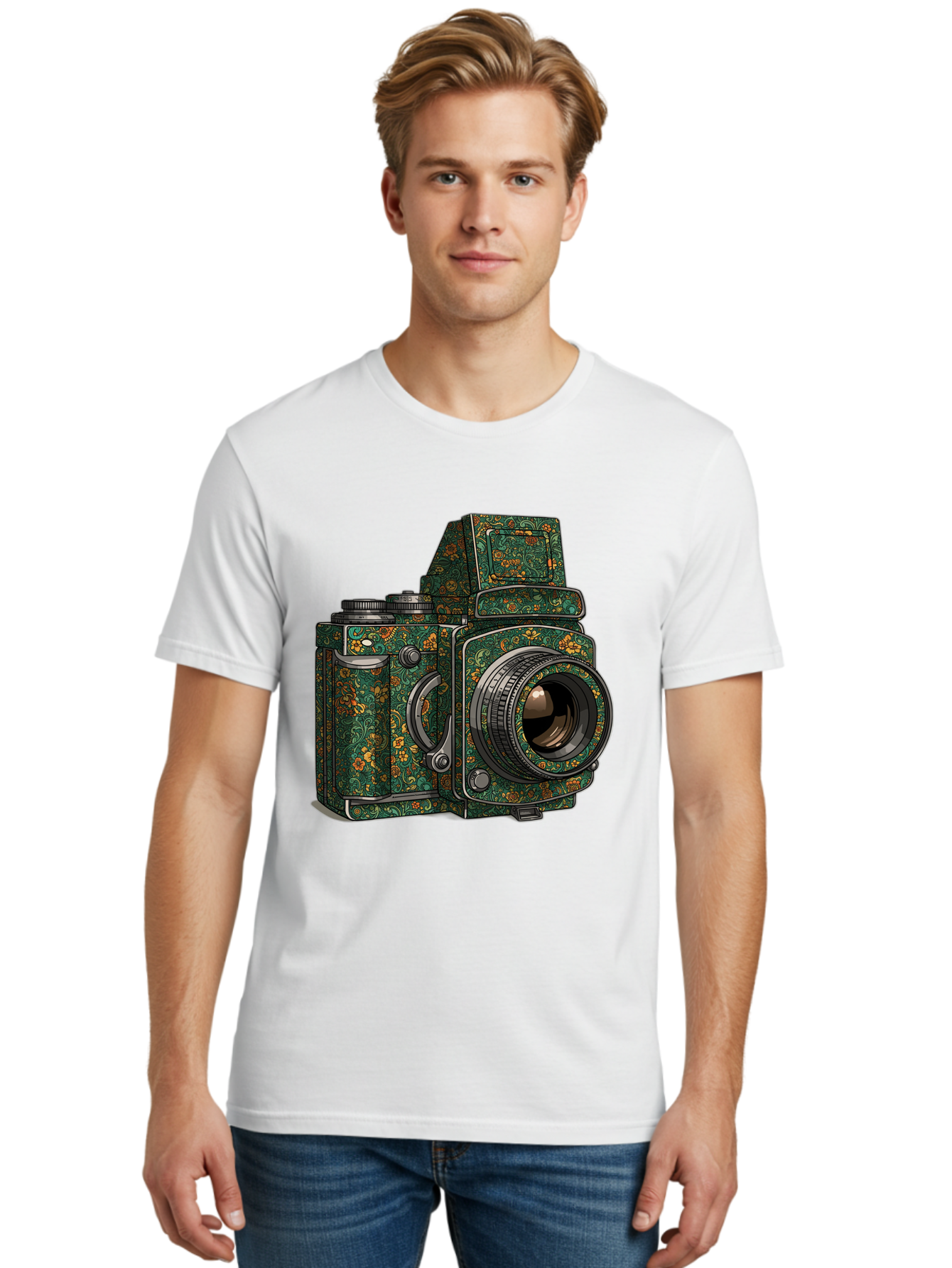 Holoformer-Camera Men'S Graphic Tee, 100% Cotton, Comfortable Casual Summer Wear, Machine Washable, Medium Format Camera, Vintage Photography Equipment, Retro Camera Design, Floral Patterns, Luxurious Look, Intricate Details, Bae468