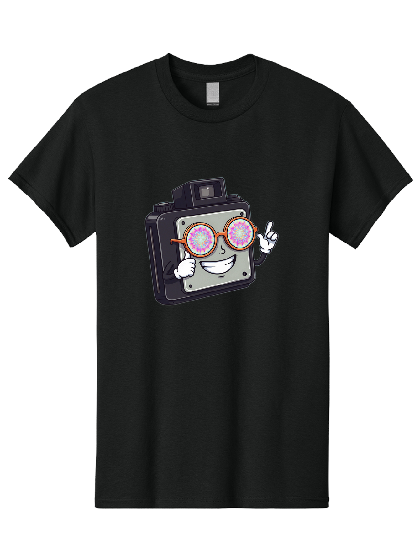 Instant-Camera-Character Men'S Graphic Tee, 100% Cotton, Comfortable Casual Summer Wear, Machine Washable, Cartoon Camera, Sunglasses, Pink Lenses, Funny Character, Playful Vibe, Happy Expression, Creative Illustration, Fun Photography Bae470