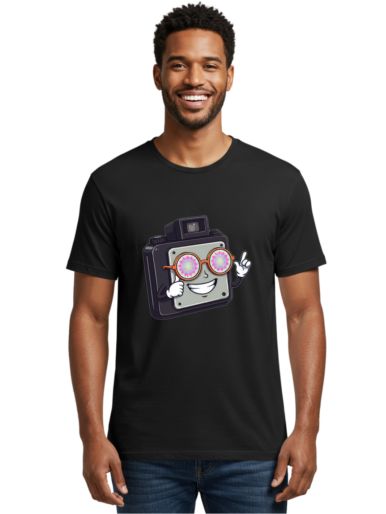 Instant-Camera-Character Men'S Graphic Tee, 100% Cotton, Comfortable Casual Summer Wear, Machine Washable, Cartoon Camera, Sunglasses, Pink Lenses, Funny Character, Playful Vibe, Happy Expression, Creative Illustration, Fun Photography Bae470