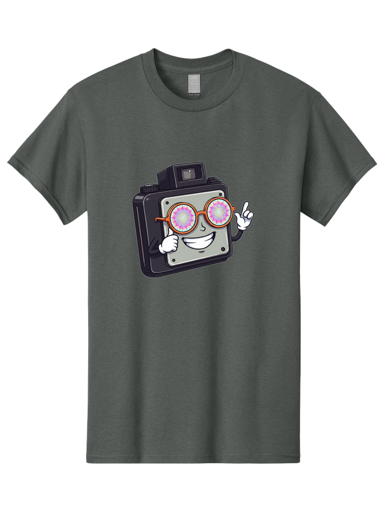 Instant-Camera-Character Men'S Graphic Tee, 100% Cotton, Comfortable Casual Summer Wear, Machine Washable, Cartoon Camera, Sunglasses, Pink Lenses, Funny Character, Playful Vibe, Happy Expression, Creative Illustration, Fun Photography Bae470