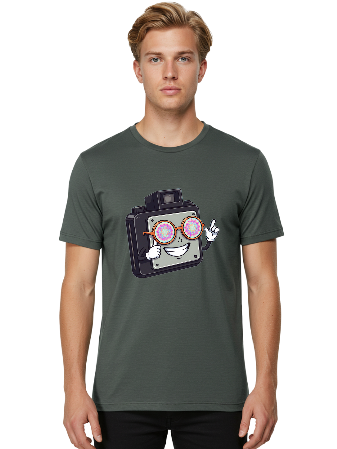 Instant-Camera-Character Men'S Graphic Tee, 100% Cotton, Comfortable Casual Summer Wear, Machine Washable, Cartoon Camera, Sunglasses, Pink Lenses, Funny Character, Playful Vibe, Happy Expression, Creative Illustration, Fun Photography Bae470