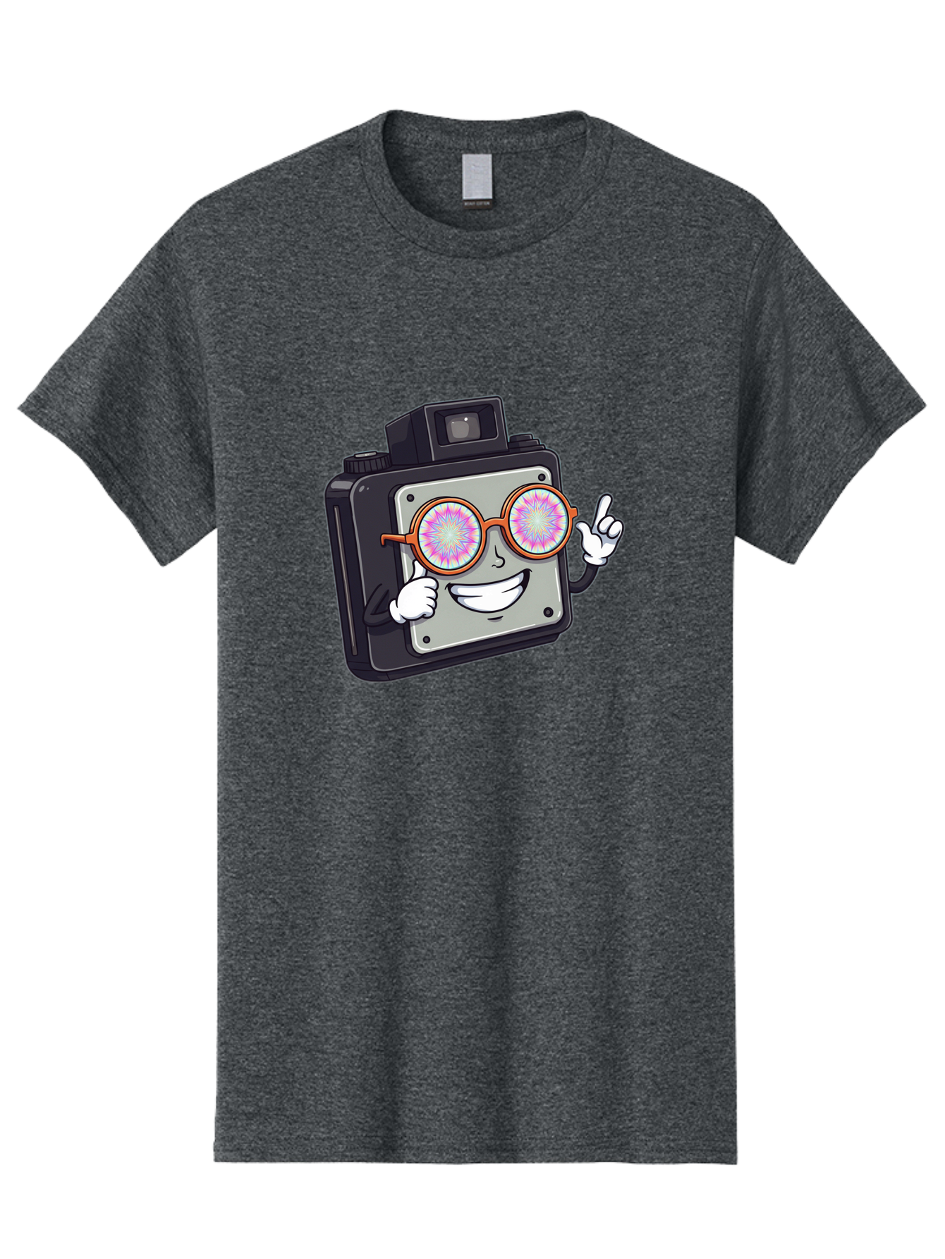Instant-Camera-Character Men'S Graphic Tee, 100% Cotton, Comfortable Casual Summer Wear, Machine Washable, Cartoon Camera, Sunglasses, Pink Lenses, Funny Character, Playful Vibe, Happy Expression, Creative Illustration, Fun Photography Bae470