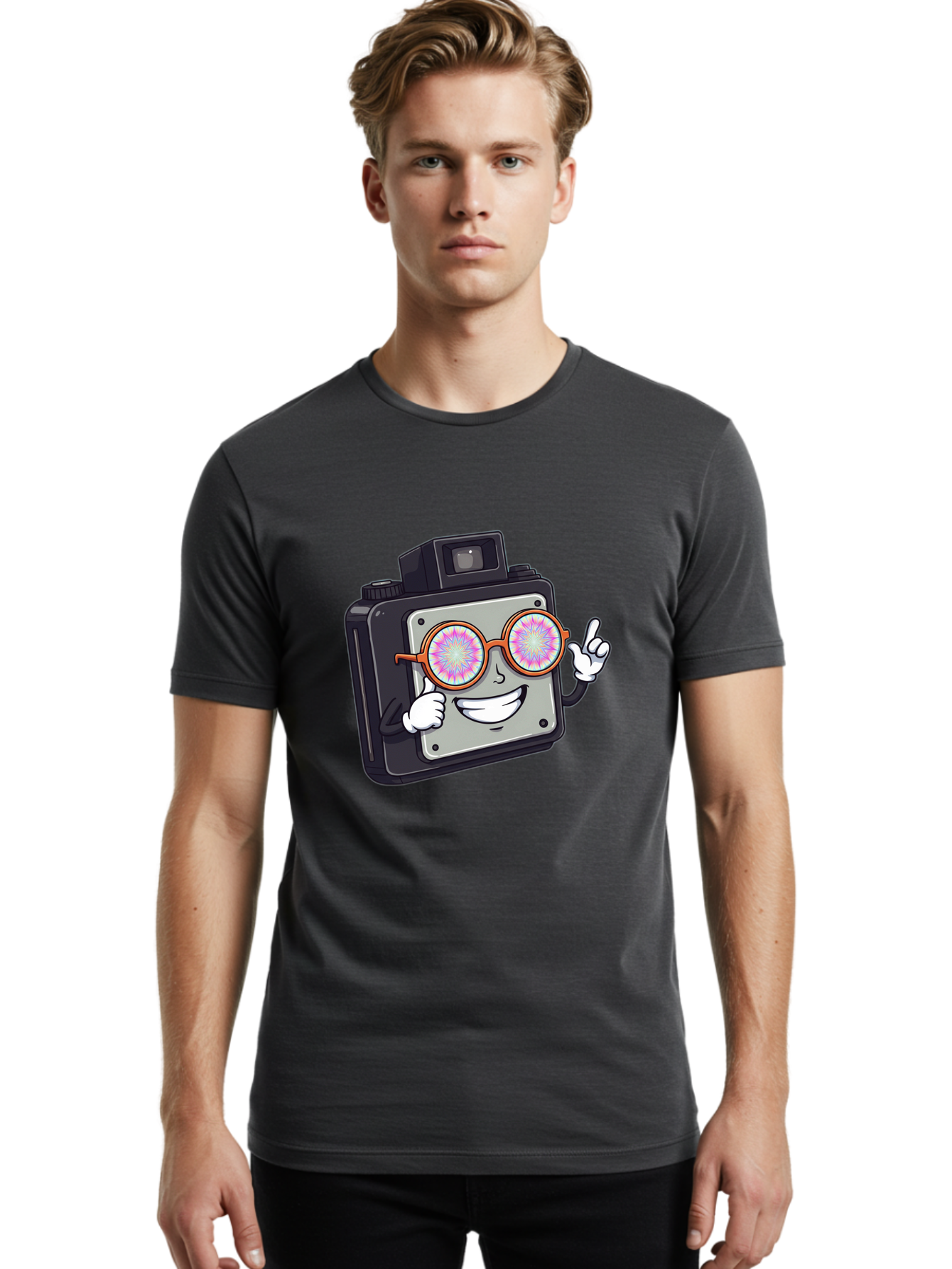 Instant-Camera-Character Men'S Graphic Tee, 100% Cotton, Comfortable Casual Summer Wear, Machine Washable, Cartoon Camera, Sunglasses, Pink Lenses, Funny Character, Playful Vibe, Happy Expression, Creative Illustration, Fun Photography Bae470