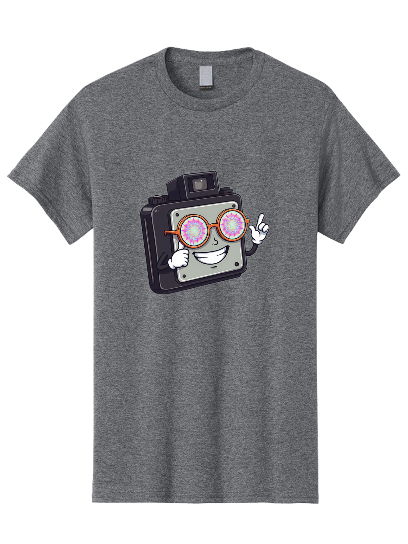 Instant-Camera-Character Men'S Graphic Tee, 100% Cotton, Comfortable Casual Summer Wear, Machine Washable, Cartoon Camera, Sunglasses, Pink Lenses, Funny Character, Playful Vibe, Happy Expression, Creative Illustration, Fun Photography Bae470