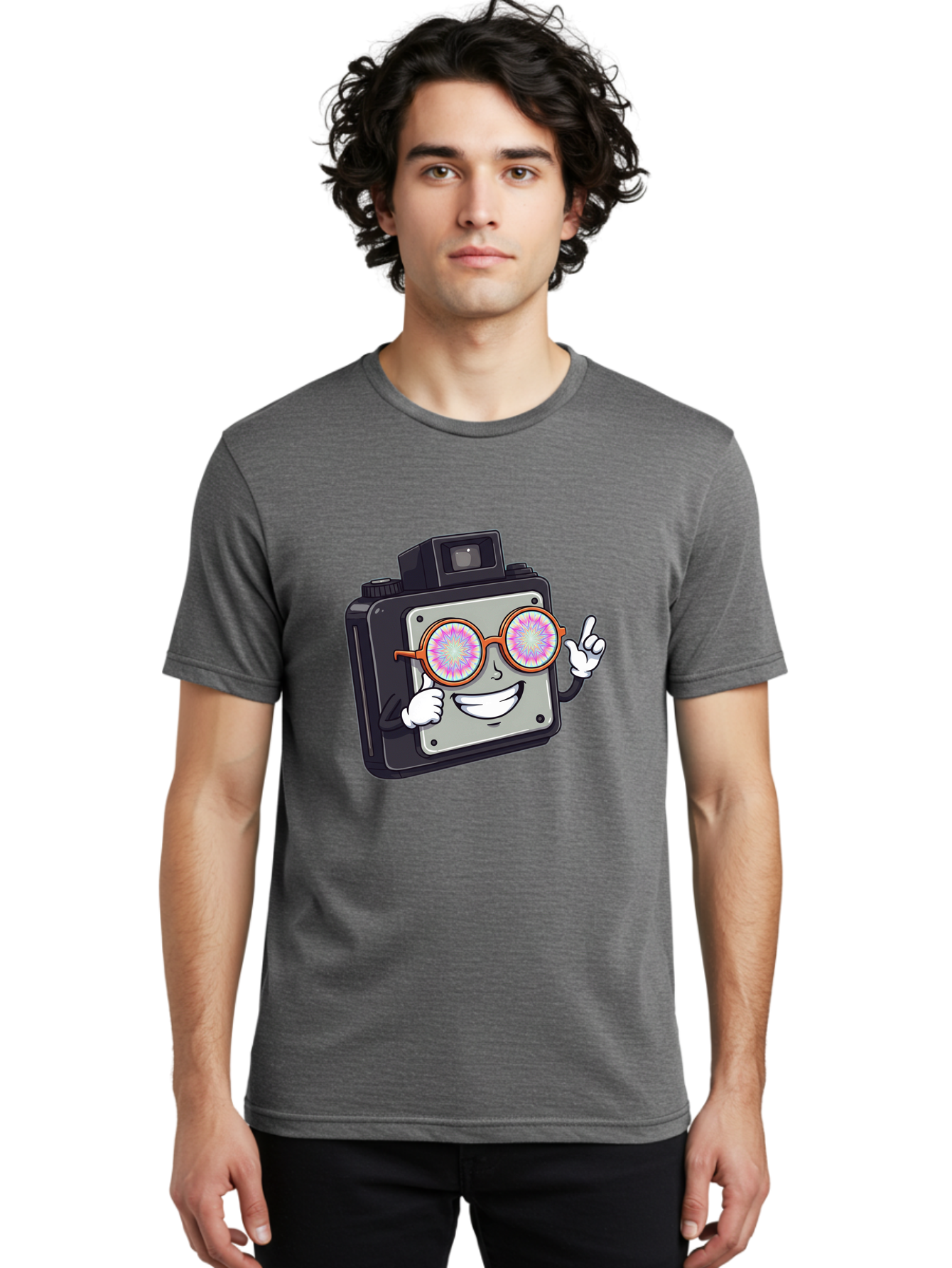 Instant-Camera-Character Men'S Graphic Tee, 100% Cotton, Comfortable Casual Summer Wear, Machine Washable, Cartoon Camera, Sunglasses, Pink Lenses, Funny Character, Playful Vibe, Happy Expression, Creative Illustration, Fun Photography Bae470