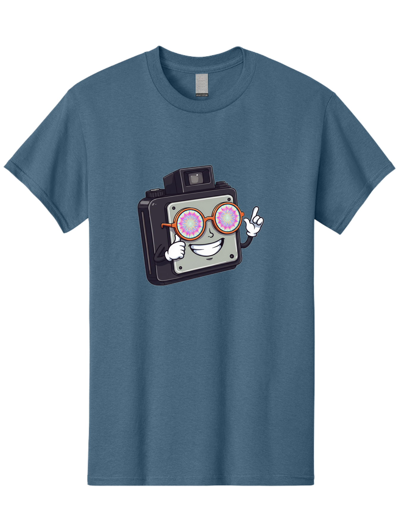 Instant-Camera-Character Men'S Graphic Tee, 100% Cotton, Comfortable Casual Summer Wear, Machine Washable, Cartoon Camera, Sunglasses, Pink Lenses, Funny Character, Playful Vibe, Happy Expression, Creative Illustration, Fun Photography Bae470